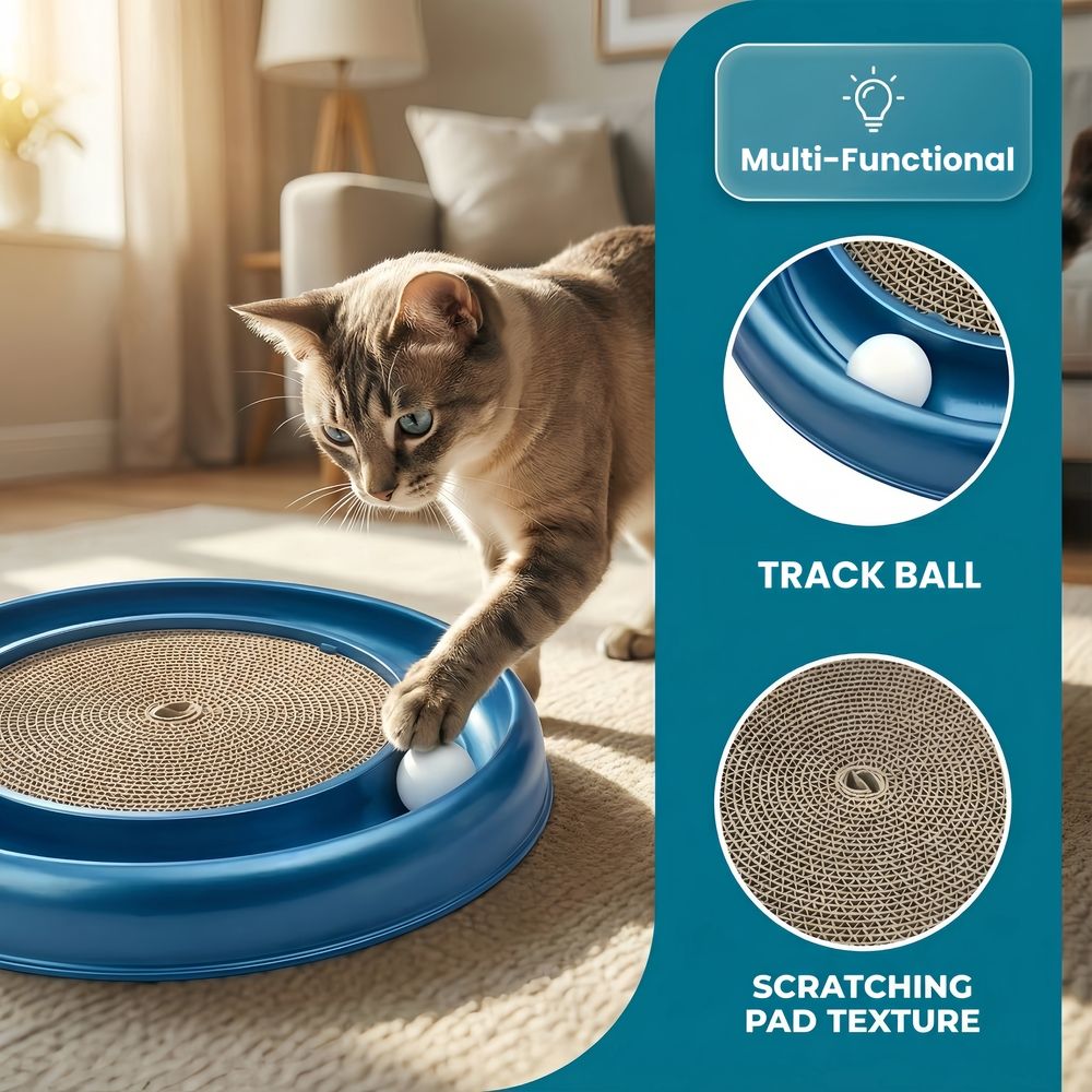 2‑in‑1 Round Cardboard Cat Scratcher, 16" Interactive Cat Toy with Rotating Ball Track, Durable Scratch Pad for Indoor Cats, Blue, 1‑Pack