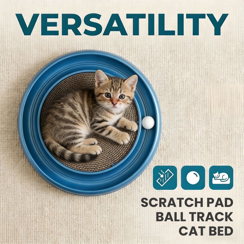 2‑in‑1 Round Cardboard Cat Scratcher, 16" Interactive Cat Toy with Rotating Ball Track, Durable Scratch Pad for Indoor Cats, Blue, 1‑Pack