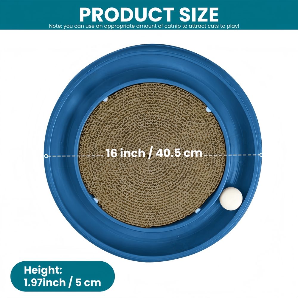 2‑in‑1 Round Cardboard Cat Scratcher, 16" Interactive Cat Toy with Rotating Ball Track, Durable Scratch Pad for Indoor Cats, Blue, 1‑Pack