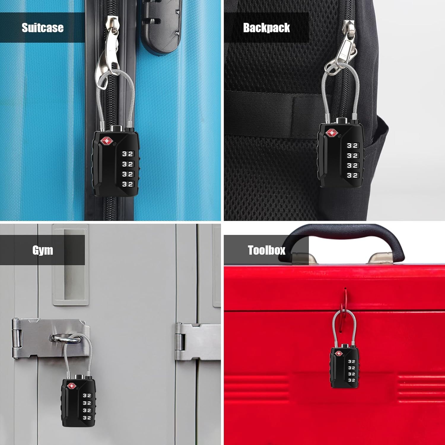 Luggage Locks, [Upgrade Version][4 Pack] TSA Approved Suitcase Lock 4-Digit Re-settable Combination Lock, Cable Backpack Locks, Code Lock for Travel Suitcase Luggage Bag Lockers (Black)