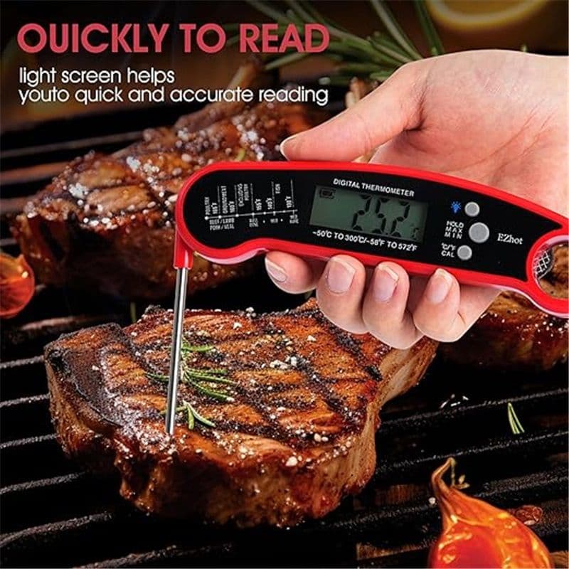 Digital Meat Thermometer Waterproof Instant Read with Foldable Probe Backlight Calibration Red