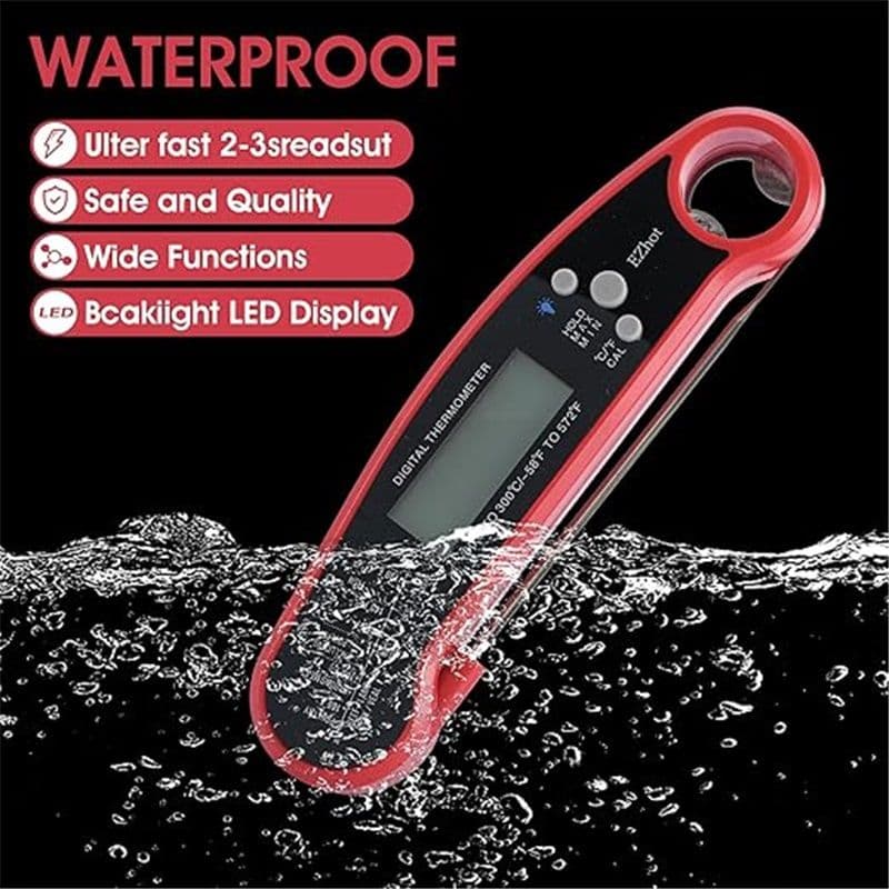 Digital Meat Thermometer Waterproof Instant Read with Foldable Probe Backlight Calibration Red