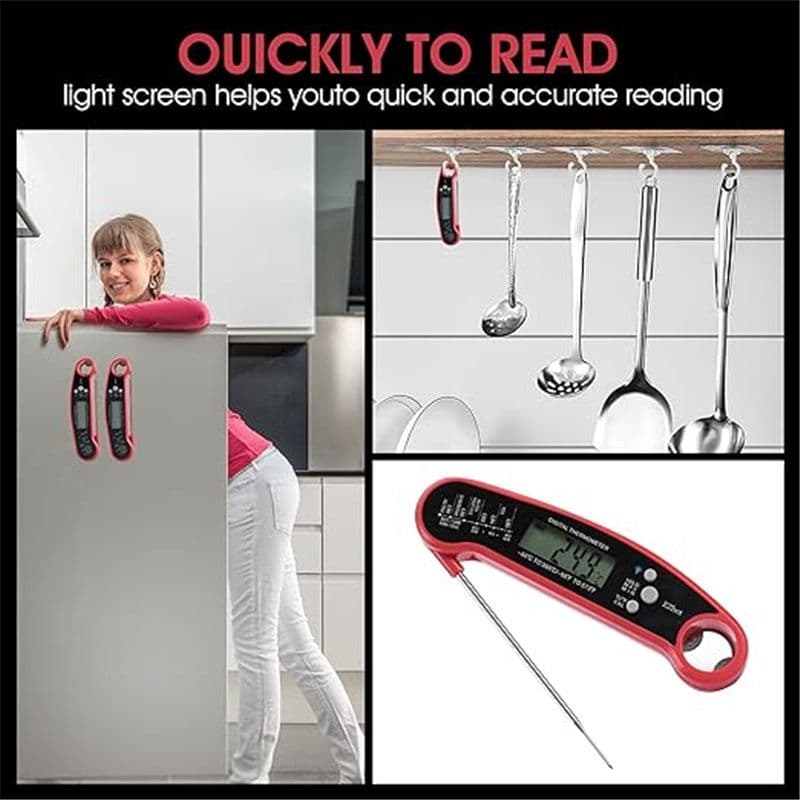 Digital Meat Thermometer Waterproof Instant Read with Foldable Probe Backlight Calibration Red
