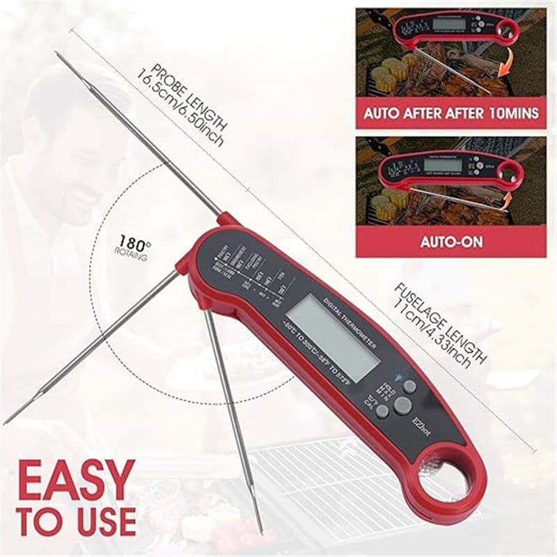 Digital Meat Thermometer Waterproof Instant Read with Foldable Probe Backlight Calibration Red