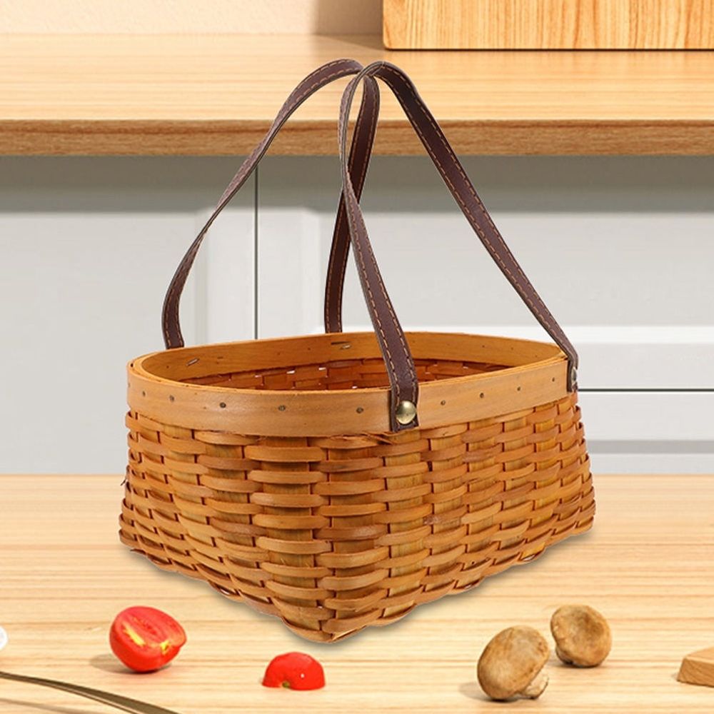 Handcrafted Brown Wooden Picnic Basket with Handle for Fruit Storage, Outdoor Use and Home Decoration