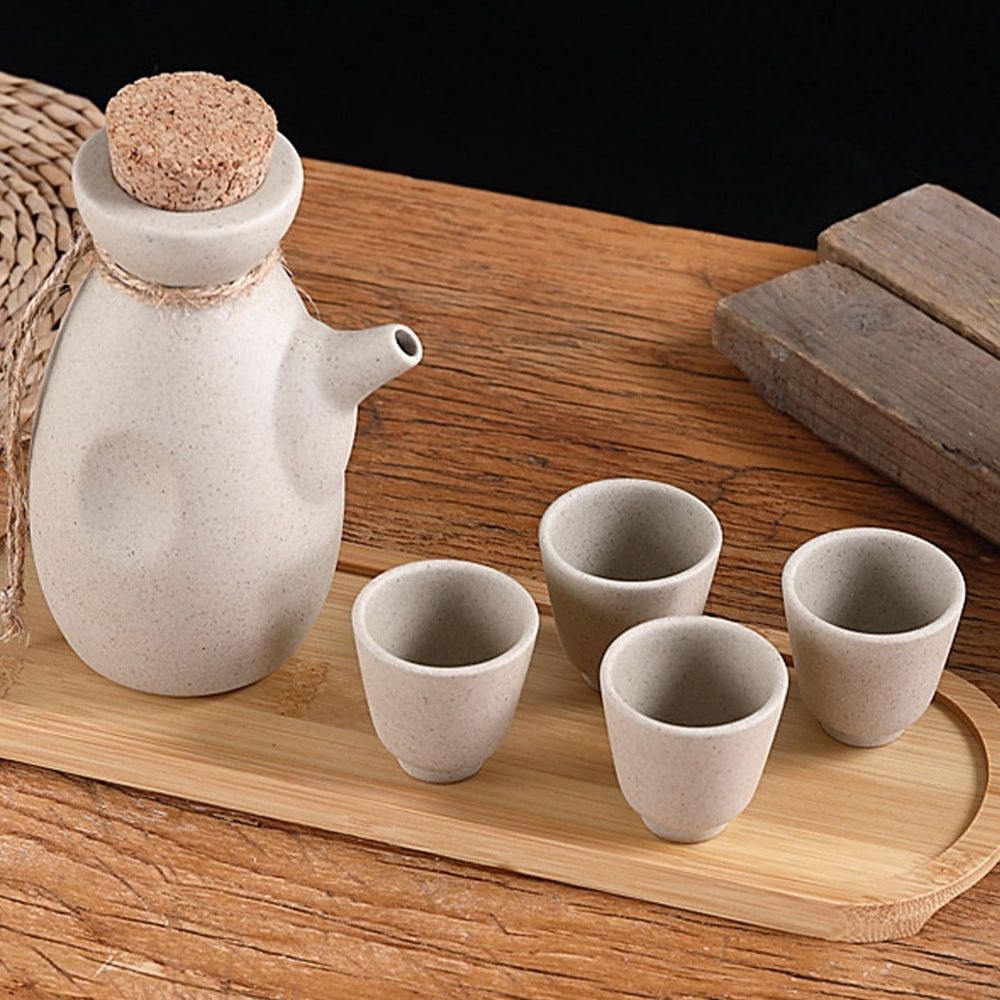 Beige Ceramic Sake Cup Set with Smooth Finish and Comfortable Edges, Ideal for Home, Parties, and Stylish Drinkware