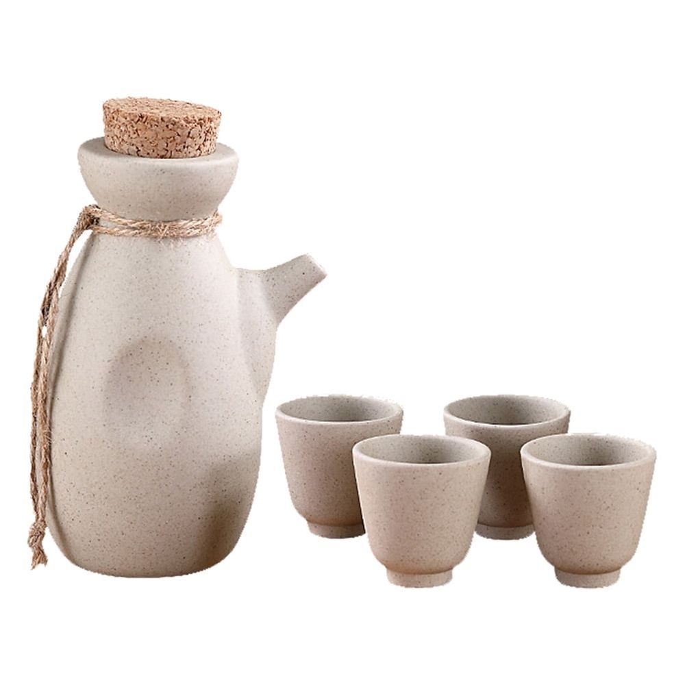 Beige Ceramic Sake Cup Set with Smooth Finish and Comfortable Edges, Ideal for Home, Parties, and Stylish Drinkware