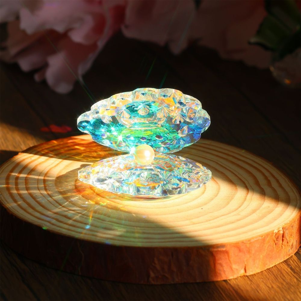 Crystal Glass Figurines Reflective Sea Shell with an Artificial Pearl for Home Decor Wedding Gift