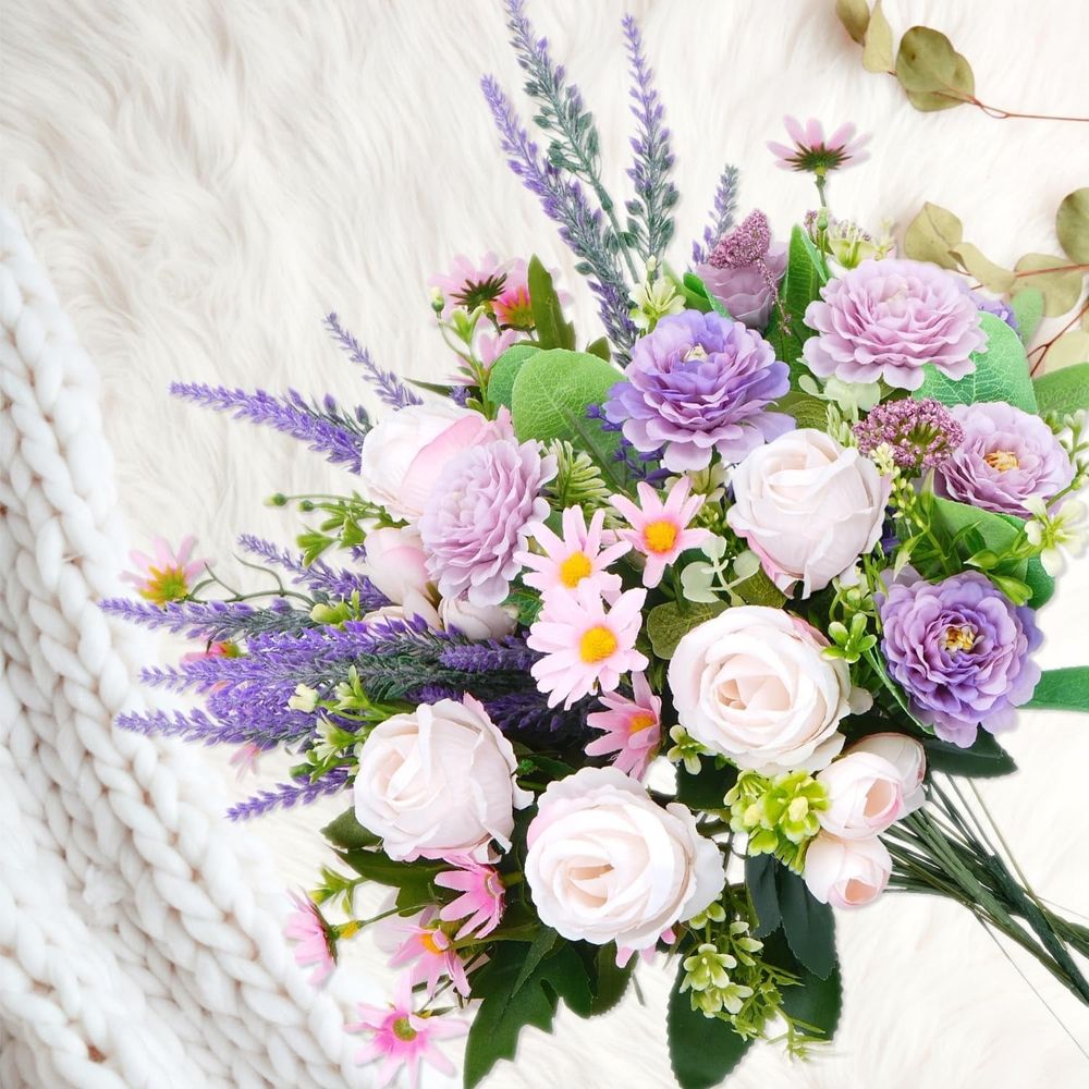 Spring Flowers Artificial Silk Flowers Bouquet Purple Fake Floral Arrangements with Rose Peony Daisy for Home Wedding Baby Shower Bridal Bouquet Table Centerpieces Party Decorations