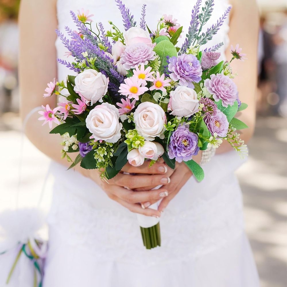 Spring Flowers Artificial Silk Flowers Bouquet Purple Fake Floral Arrangements with Rose Peony Daisy for Home Wedding Baby Shower Bridal Bouquet Table Centerpieces Party Decorations