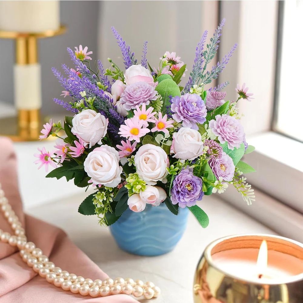 Spring Flowers Artificial Silk Flowers Bouquet Purple Fake Floral Arrangements with Rose Peony Daisy for Home Wedding Baby Shower Bridal Bouquet Table Centerpieces Party Decorations