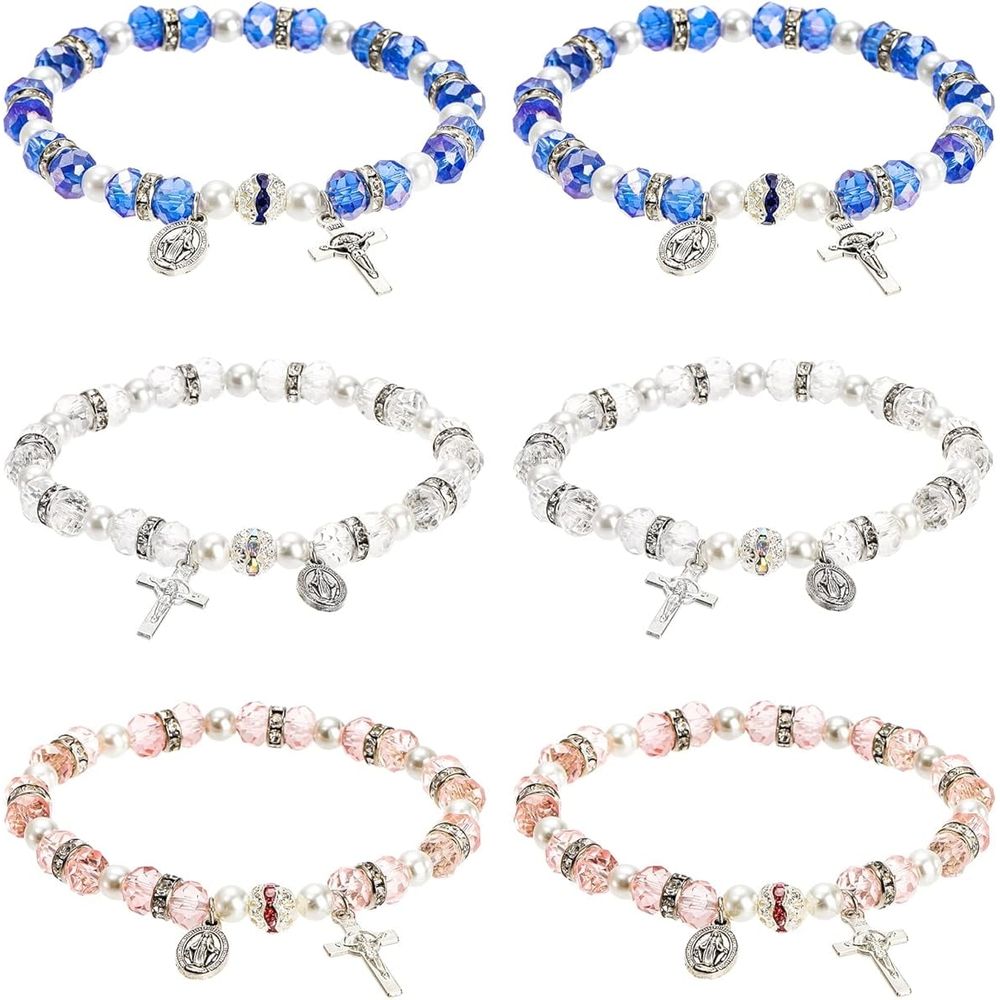 Women's Rosary Bead Stretch Bracelet, Crystal Cross Bracelet with Crucifix and Miraculous Medal