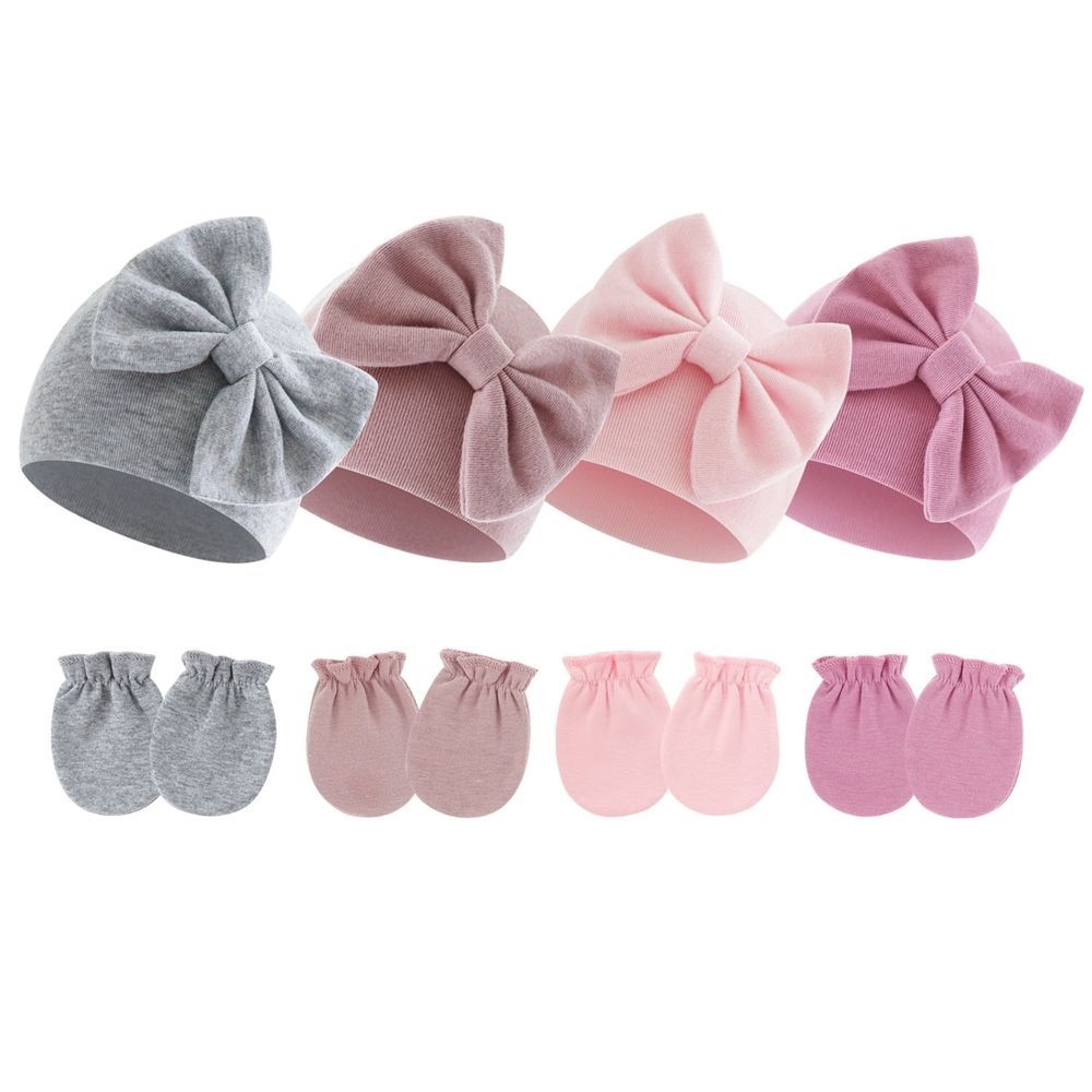 Newborn Baby Girls Hats Mittens Set Hospital Hat Beanie Infant Bow Hats Baby Cotton Gloves for 0-6 Months