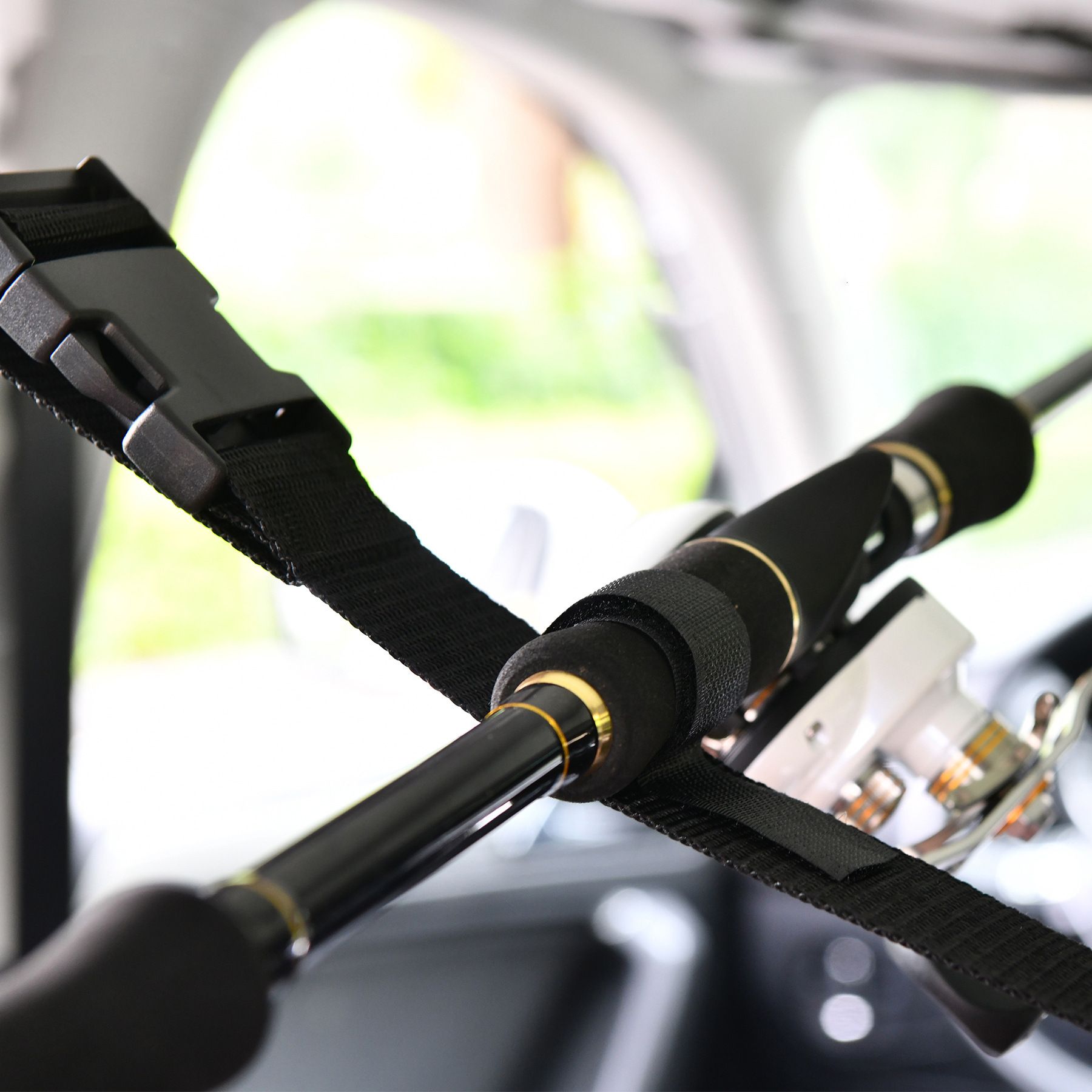 VRC Vehicle Rod Carrier, Car Fishing Rod Holder, 2 Nylon Straps 14.9 "*104.33", Fishing Pole Roof Rack Store 5 Poles Max, For vehicles with 4 Roof Grab Handles Only