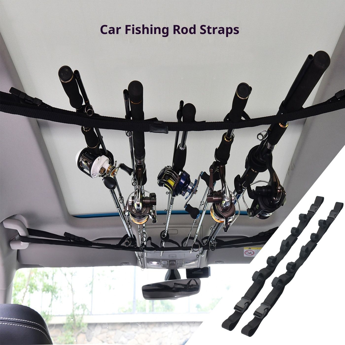 VRC Vehicle Rod Carrier, Car Fishing Rod Holder, 2 Nylon Straps 14.9 "*104.33", Fishing Pole Roof Rack Store 5 Poles Max, For vehicles with 4 Roof Grab Handles Only
