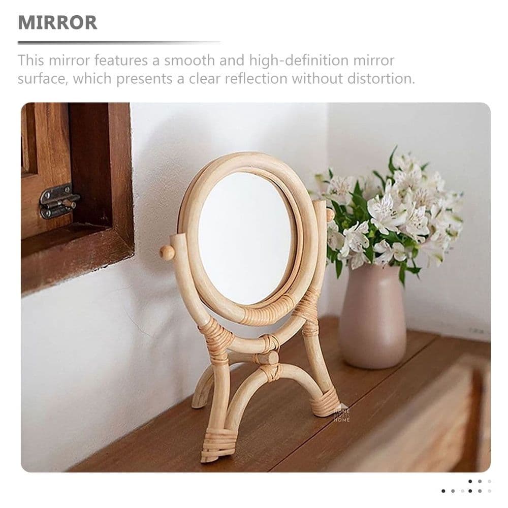 Rattan Vanity Mirror with 360° Rotating Stand, Portable Makeup Mirror for Women, Stylish Design for Dressing Table