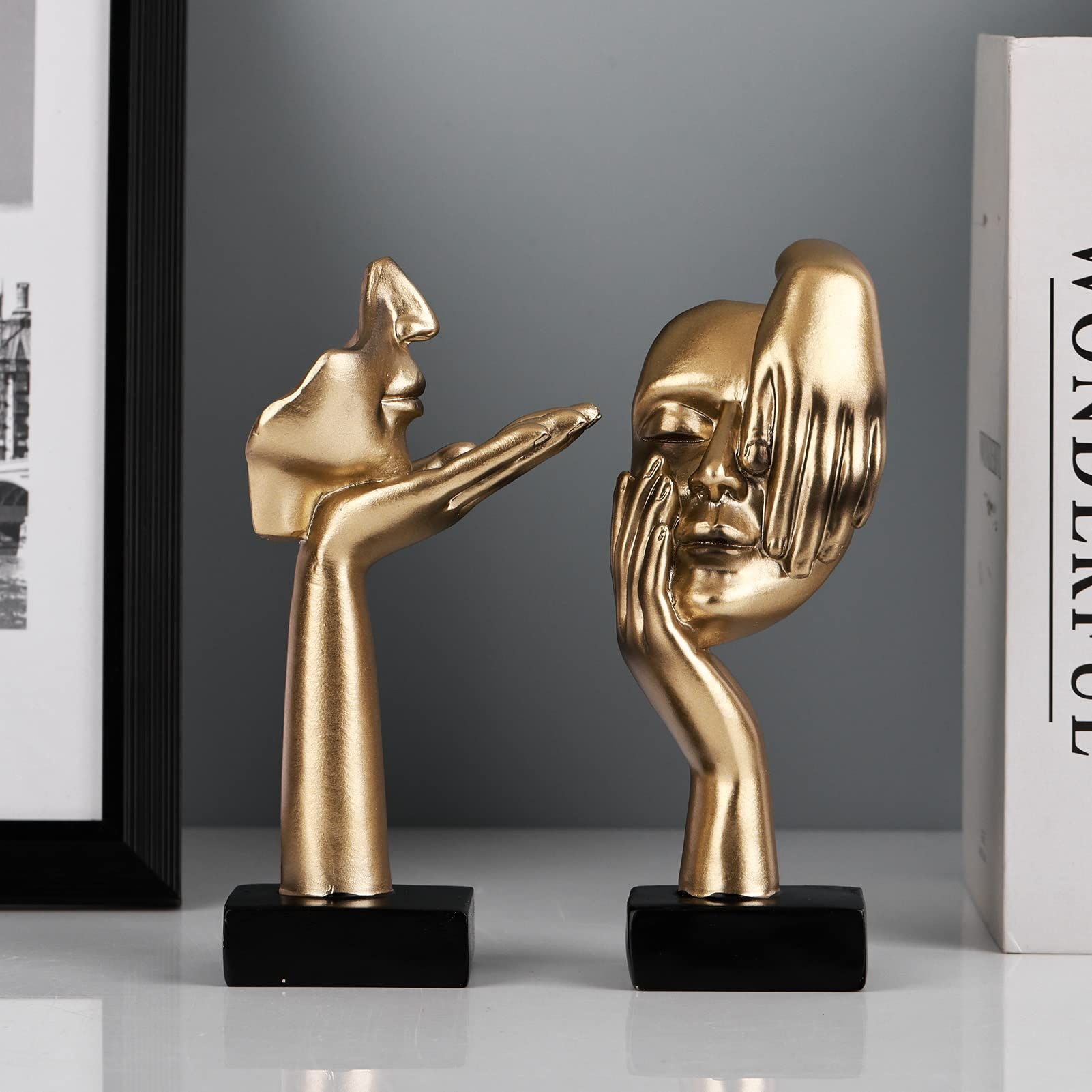 2Pcs Small Statue Set - Black Gold Home Decor Abstract Art Figurines for Shelves, Living Room Coffee Table, Office Desktop (17*6.5cm)