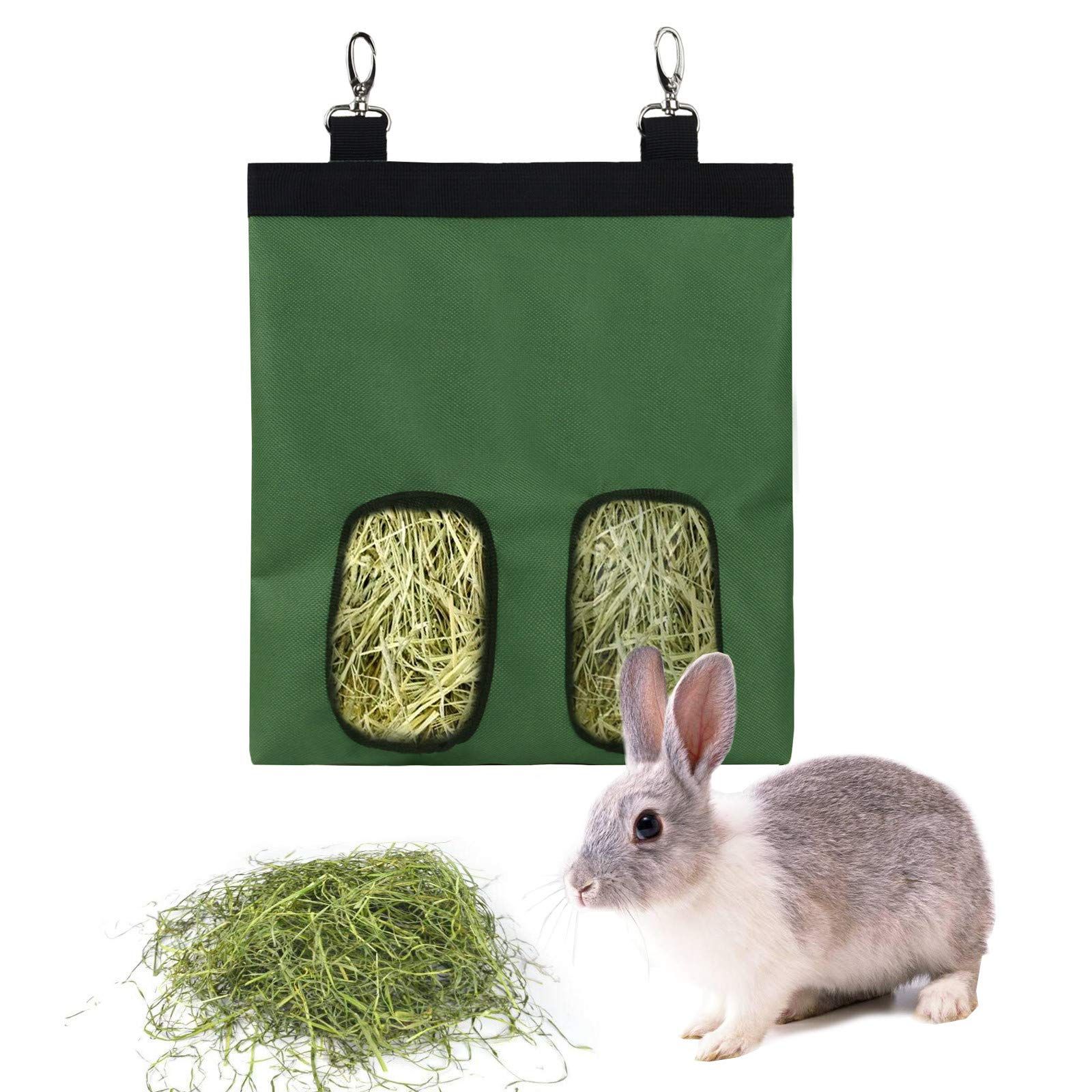 2pcs Rabbit Hay Feeder Bag Guinea Pigs Hanging Hay Rack Manger Holder Dispenser Small Animal Feeder Storage Pouch for Bunny Chinchilla Hamster (Green, 2 Windows)