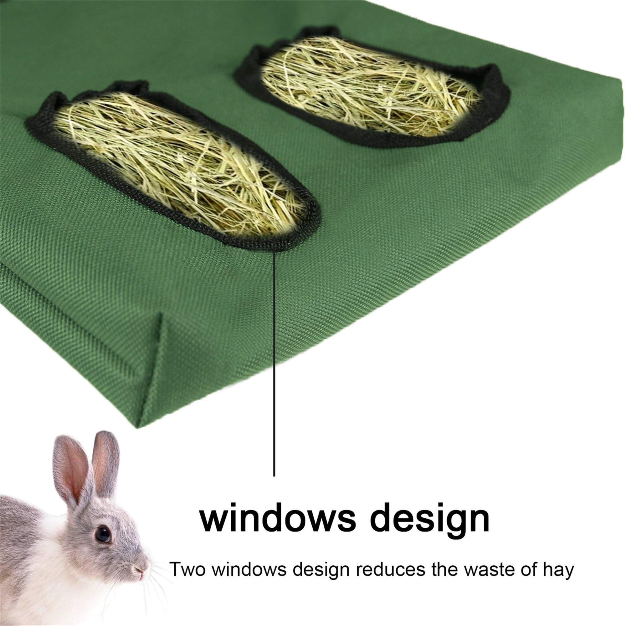 2pcs Rabbit Hay Feeder Bag Guinea Pigs Hanging Hay Rack Manger Holder Dispenser Small Animal Feeder Storage Pouch for Bunny Chinchilla Hamster (Green, 2 Windows)