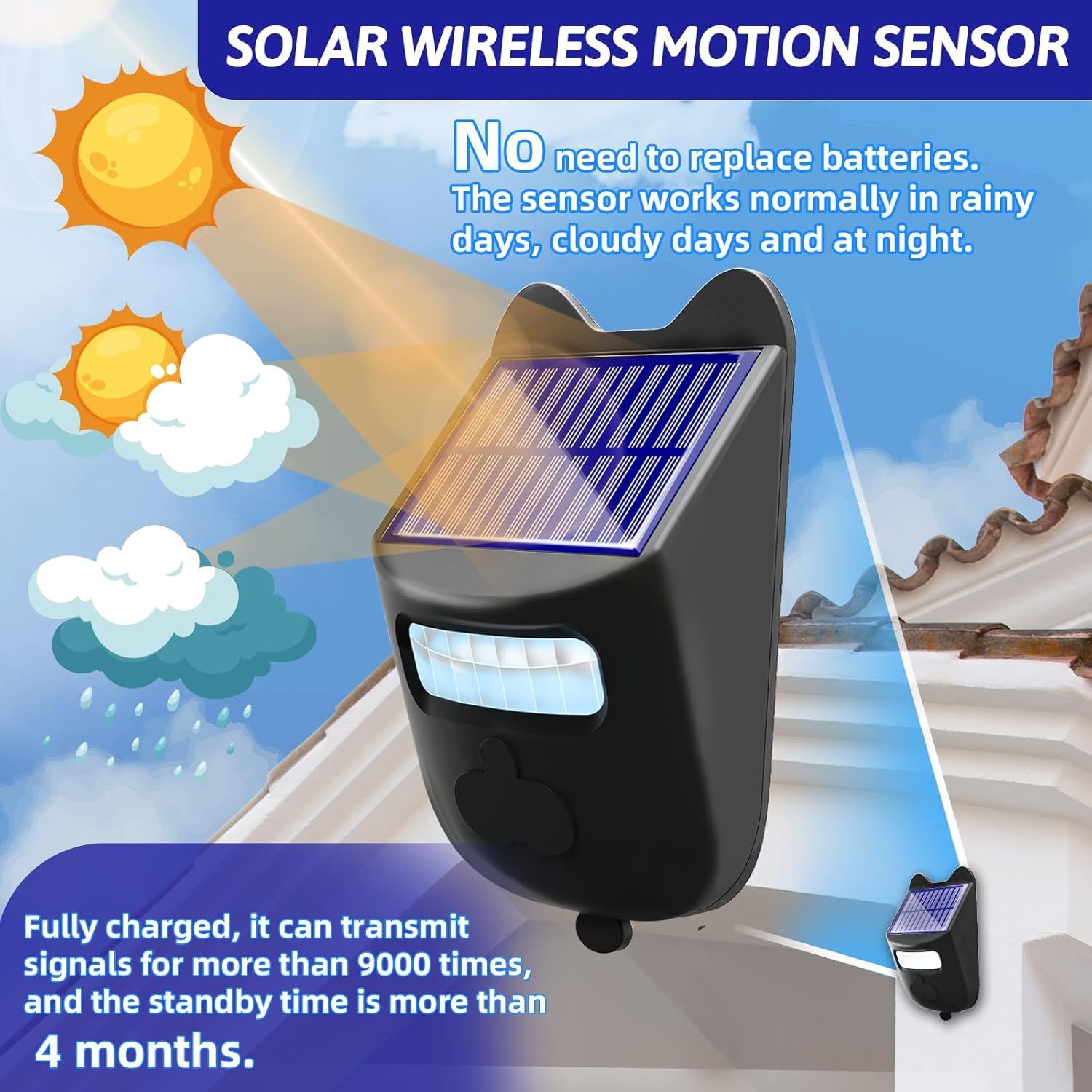 Solar Wireless Driveway Alarm Outdoor Weather-Resistant Motion Sensor Detector Doorbell Chime, DIY Security Alert System (1 Sensor & 2 Doorbell)