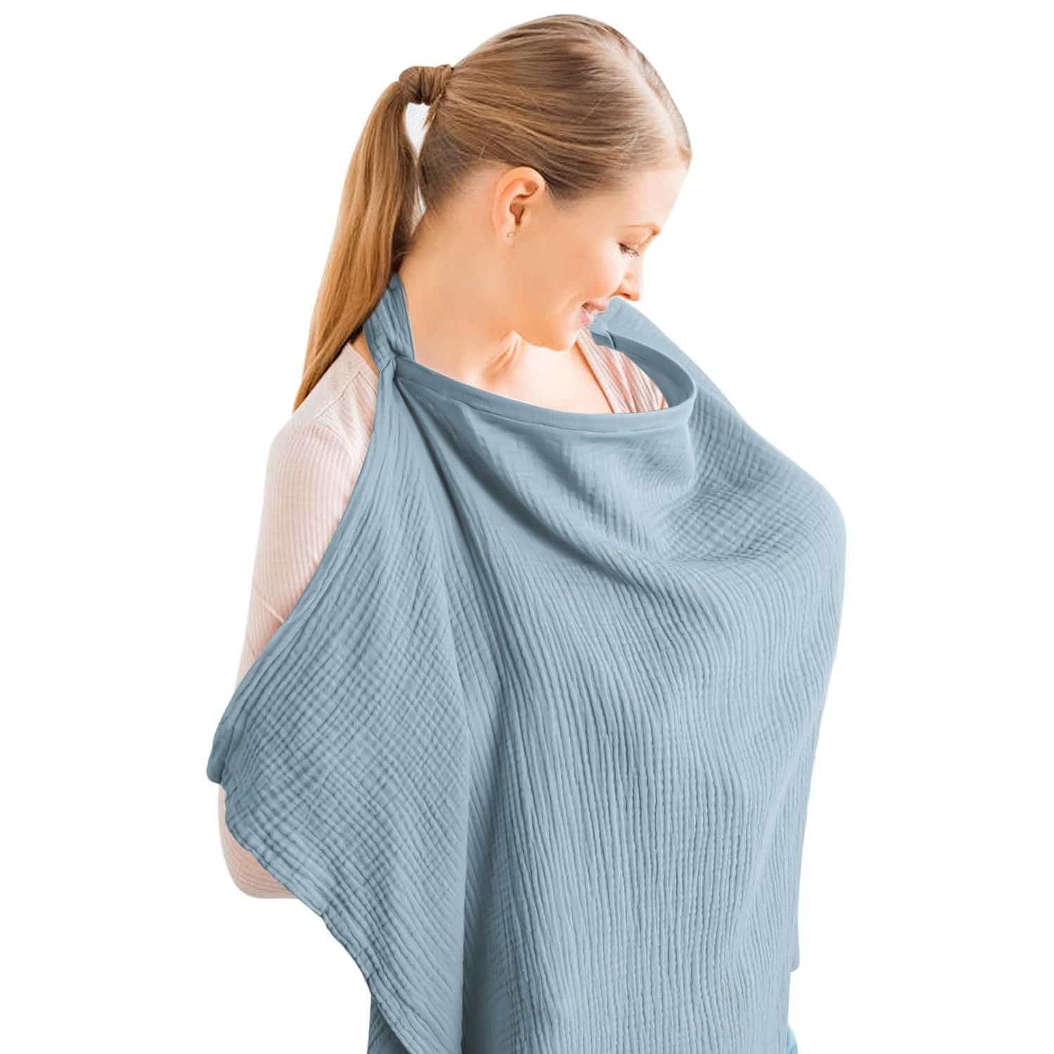 Nursing Cover Breathable Cotton Adjustable Neckline Blue 71*95cm