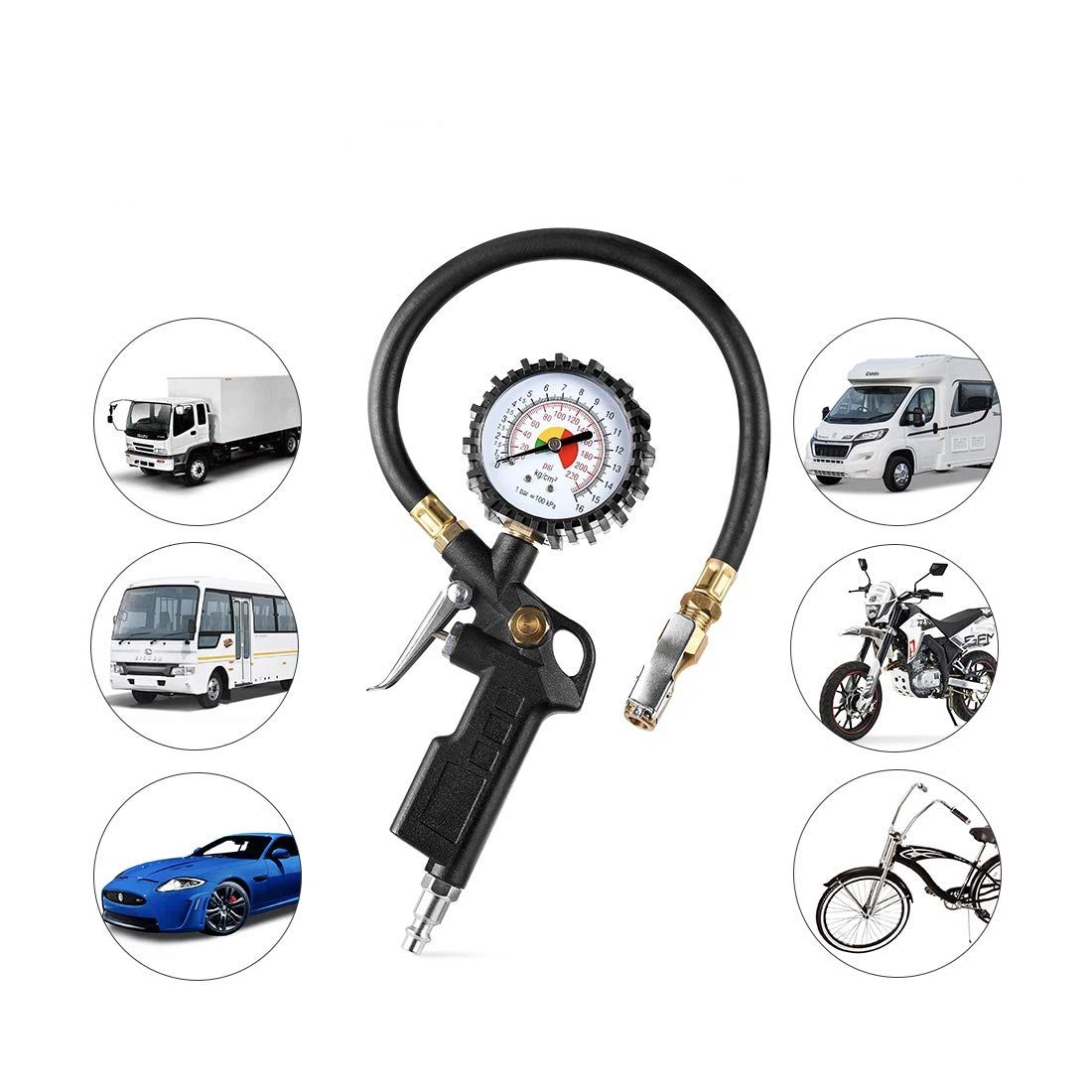 Tire Inflator Deflator Air Pressure Gauge with Rubber Hose, Dial Wheel Inflator Gage with Straight Brass Lock-on Chuck Compatible with Air Pump Compressor for Car Motorcycle Bike