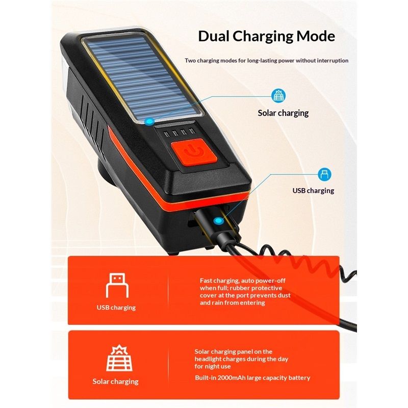 Bike Horn Headlight Solar/USB Dual Charging Bike Horn Light High Brightness Bike Headlight Waterproof Bike Horn Light Ideal for Mountain and Road Night Riding Essential Gear for Night Cycling