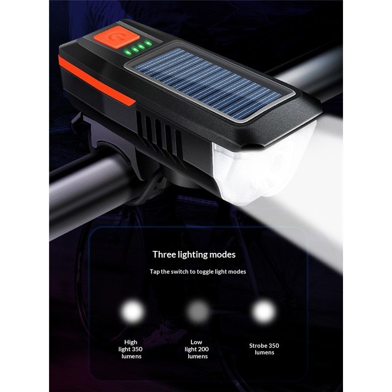 Bike Horn Headlight Solar/USB Dual Charging Bike Horn Light High Brightness Bike Headlight Waterproof Bike Horn Light Ideal for Mountain and Road Night Riding Essential Gear for Night Cycling