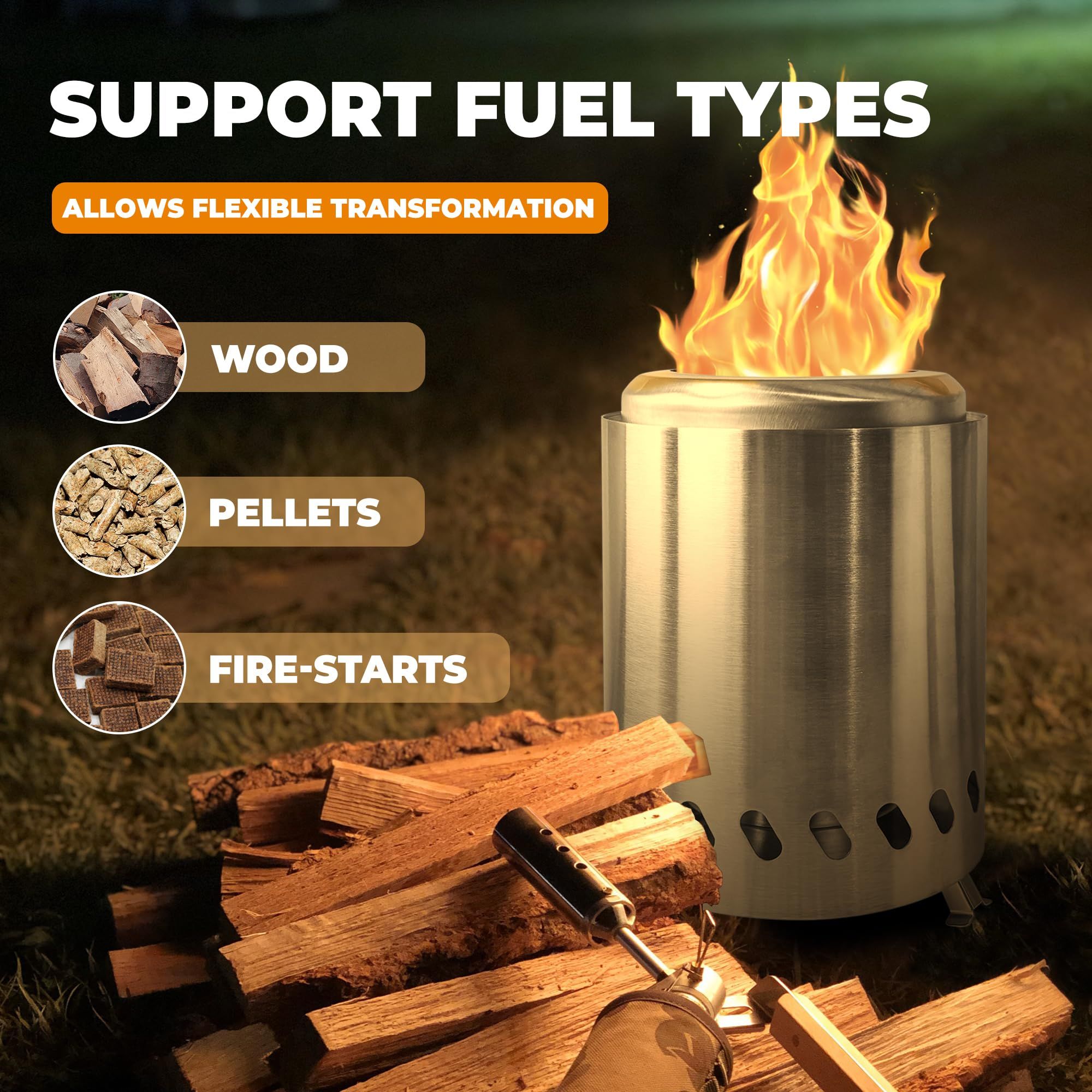 Portable Table Top Fire Pit with Stand, 8.5" Stainless Steel Mini Outdoor Low Smoke Burning Tabletop Firepit Fueled by Pellets or Wood, for Outside Camping