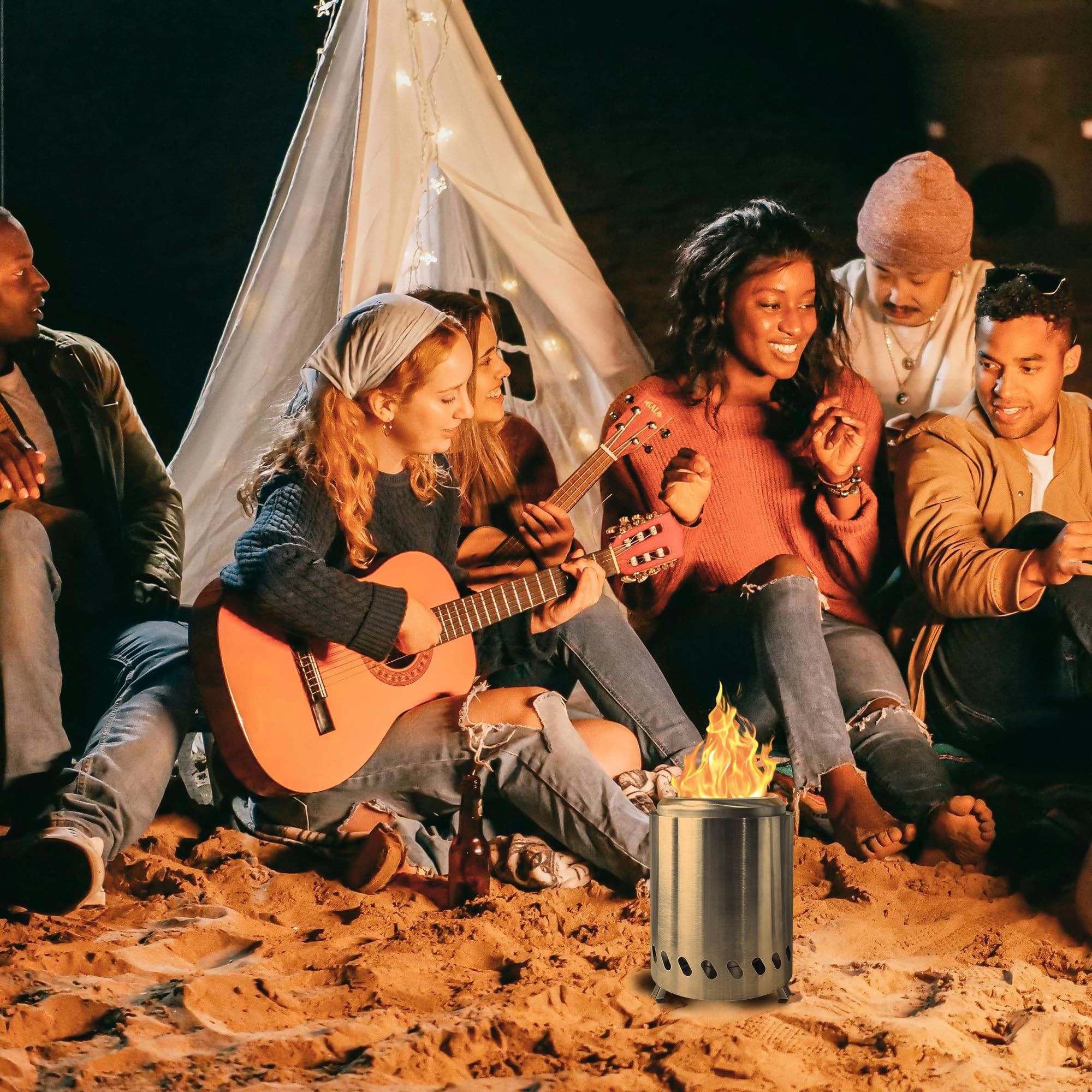 Portable Table Top Fire Pit with Stand, 8.5" Stainless Steel Mini Outdoor Low Smoke Burning Tabletop Firepit Fueled by Pellets or Wood, for Outside Camping