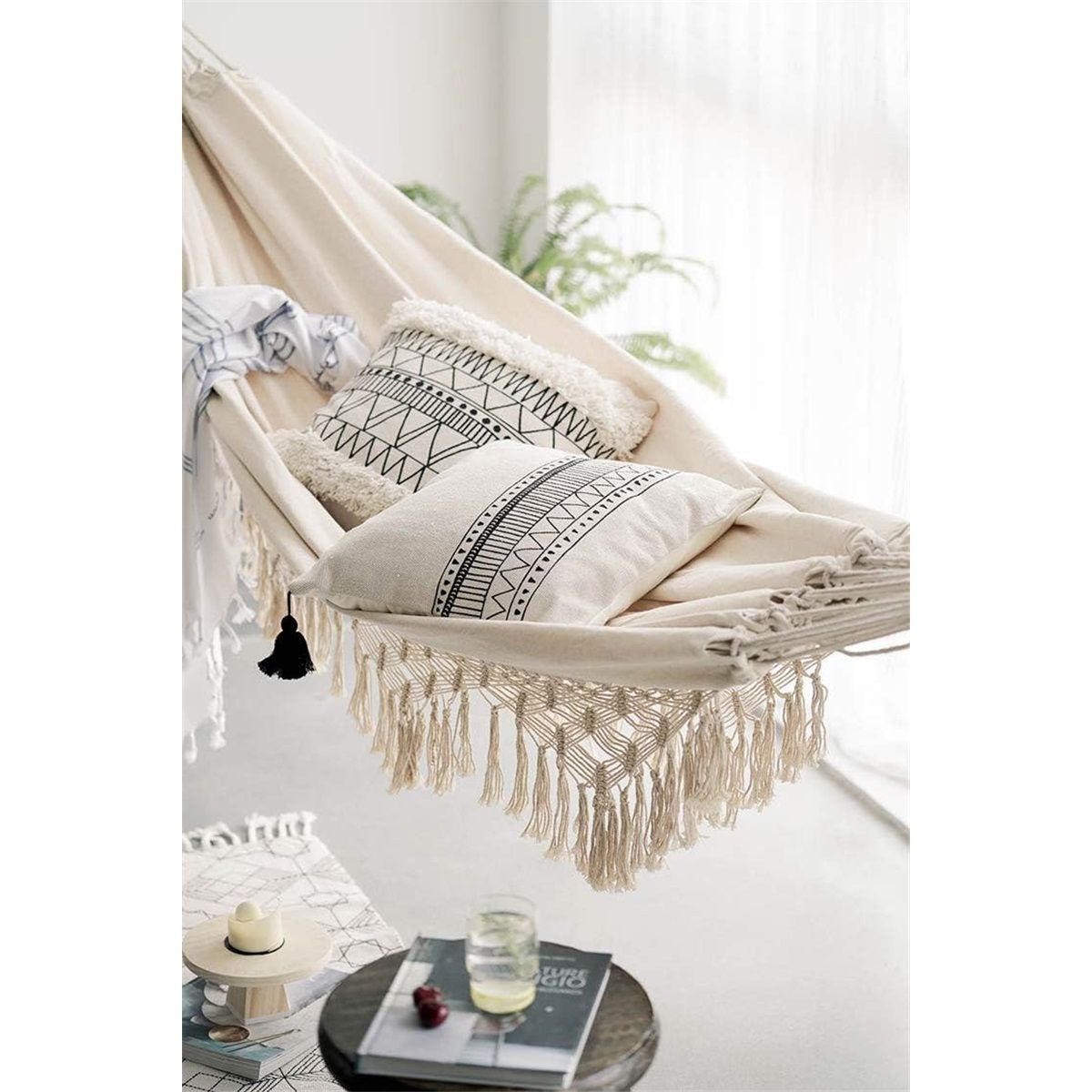 Handmade Boho Large Macrame Fringe 2 Person Double Deluxe Hammock Swing Net Chair for Beach, Yard, Bedroom, Patio, Porch, Indoor, Outdoor, Wedding Decor