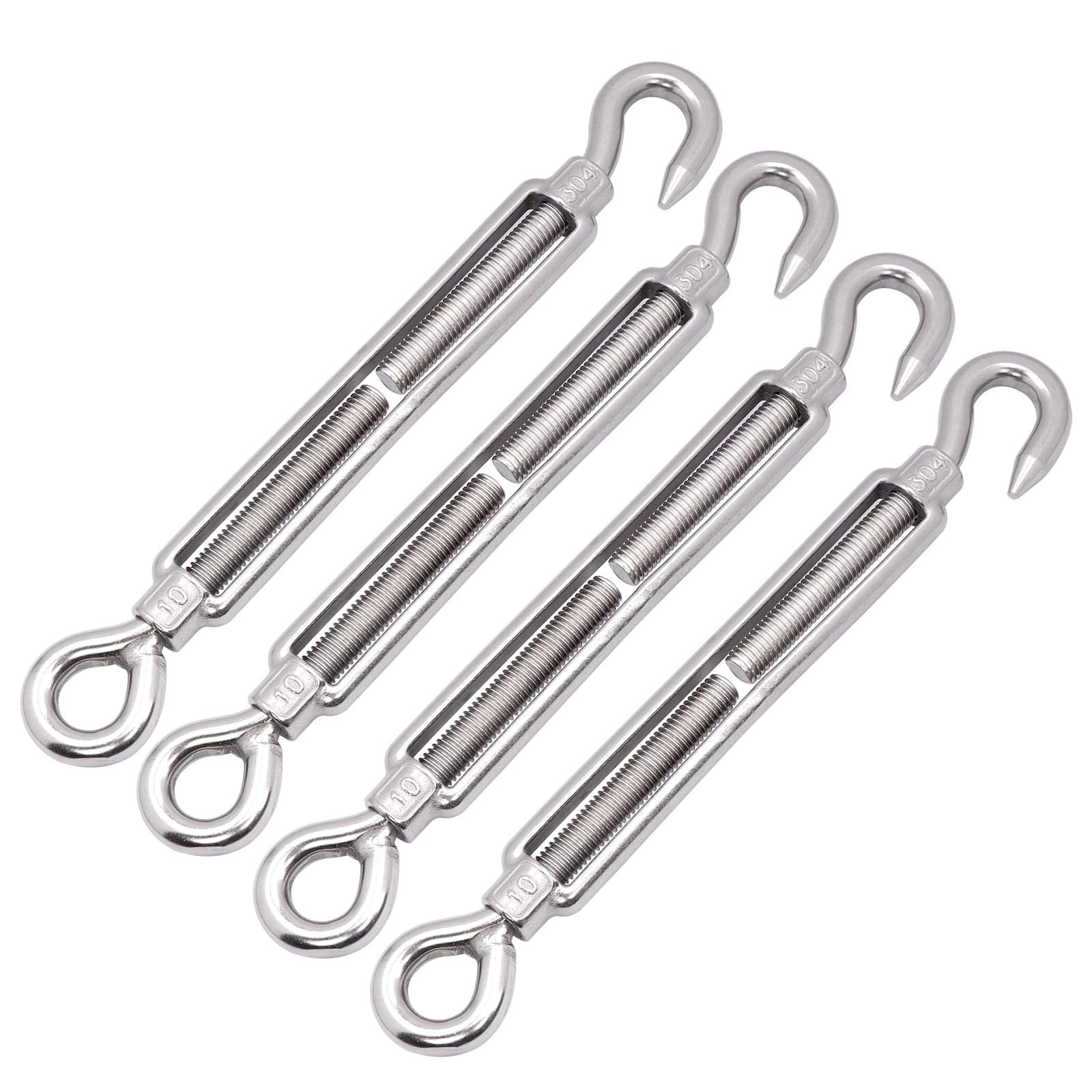 4pcs Shade Sail Hardware, 304 Stainless Steel Turnbuckle Heavy Duty M10 Turnbuckle Hook and Eye Tent Rope Tensioner Adjustable Eye Hook Sun Shade Turnbuckle for Cables Wire