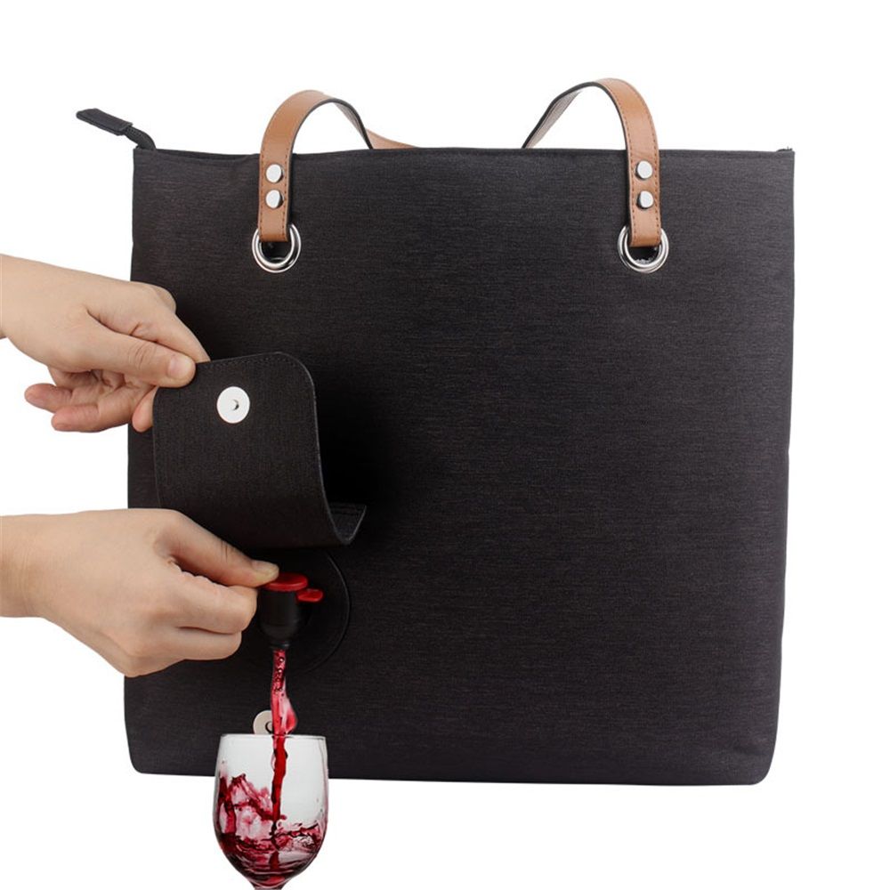 Portable Canvas Wine Tote with Drink Dispenser, Insulated Wine Bag, Black, One Size, Adult, Unisex（Comes with 3 inner compartments）