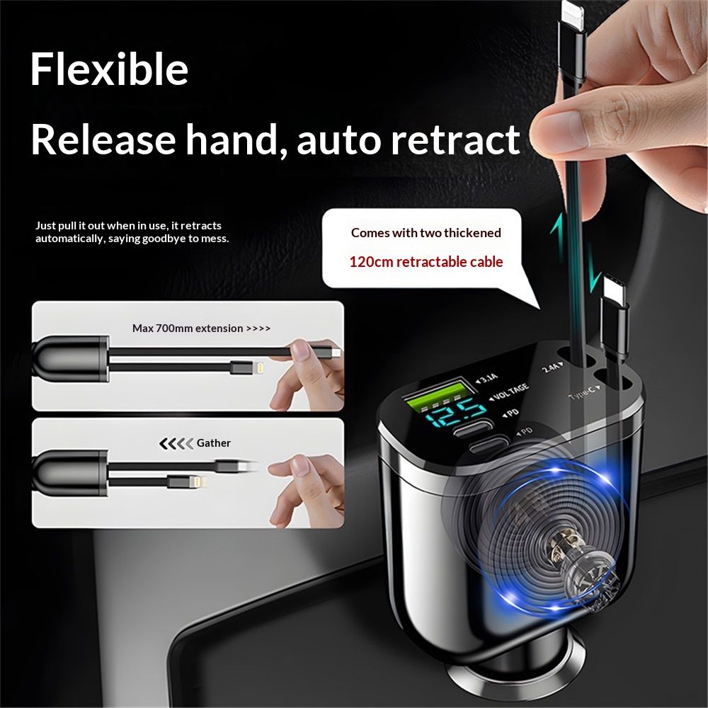 Retractable Car Charger,Car Phone Charger with Cables Fast Charging, USB C Car Charger Adapter , Black