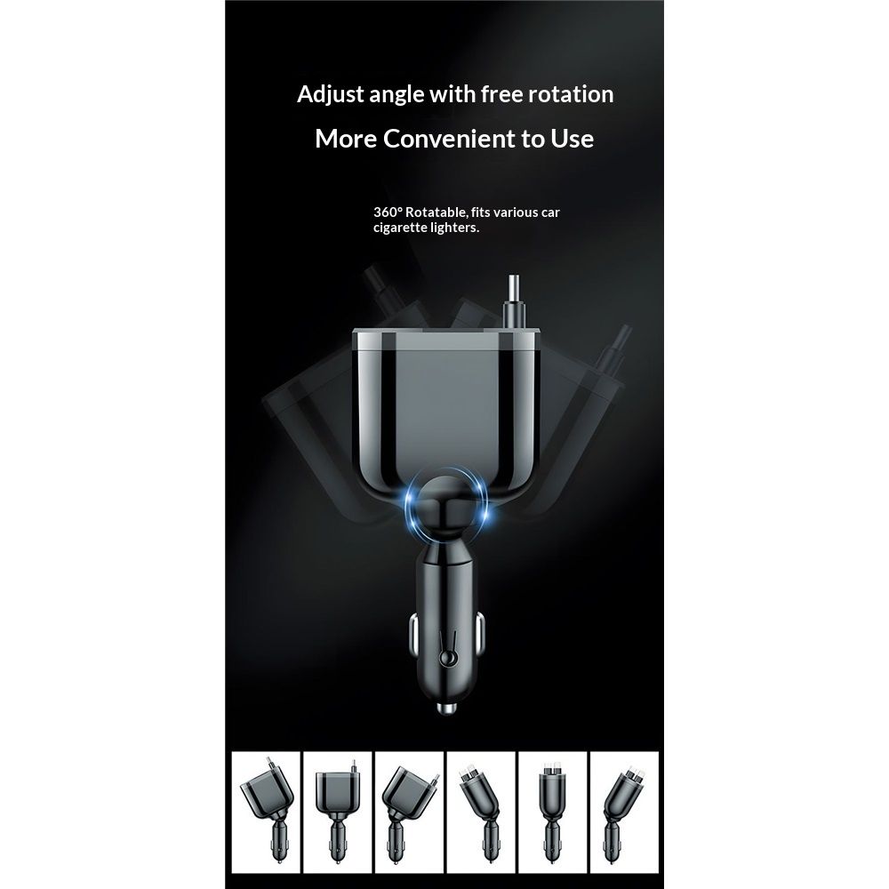 Retractable Car Charger,Car Phone Charger with Cables Fast Charging, USB C Car Charger Adapter , Black