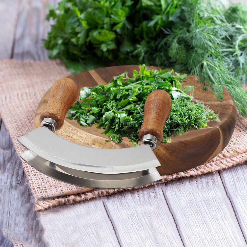 Cutting Board & Knife - Wooden Chopping Board & 2-Bladed Curved Herb Cutter - Round Wood Board & Double Blade Rocker Chopper