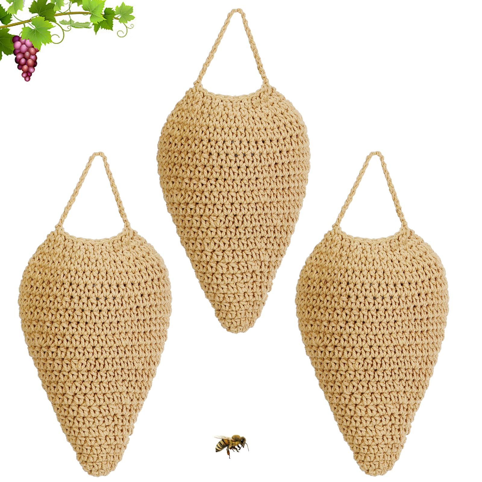 3pcsWoven Crochet Wasp Nest Decoy, Waterproof Faux Hanging Wasp Hornets Hive Nests Artificial Fake Wasp Nest Decoy Decoration for Patio Eaves Yard Home Large caramel color