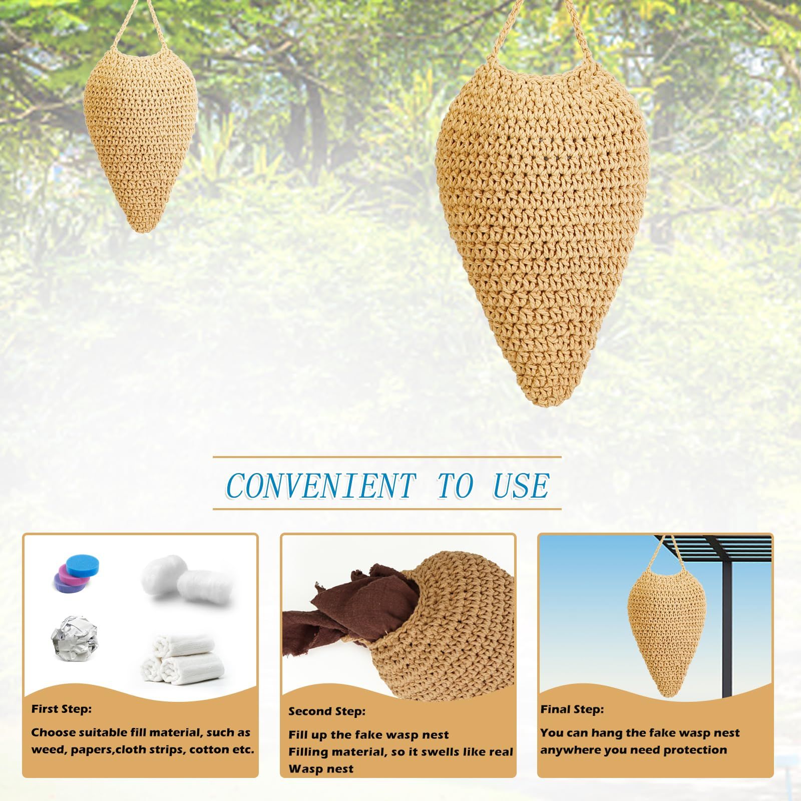 3pcsWoven Crochet Wasp Nest Decoy, Waterproof Faux Hanging Wasp Hornets Hive Nests Artificial Fake Wasp Nest Decoy Decoration for Patio Eaves Yard Home Large caramel color