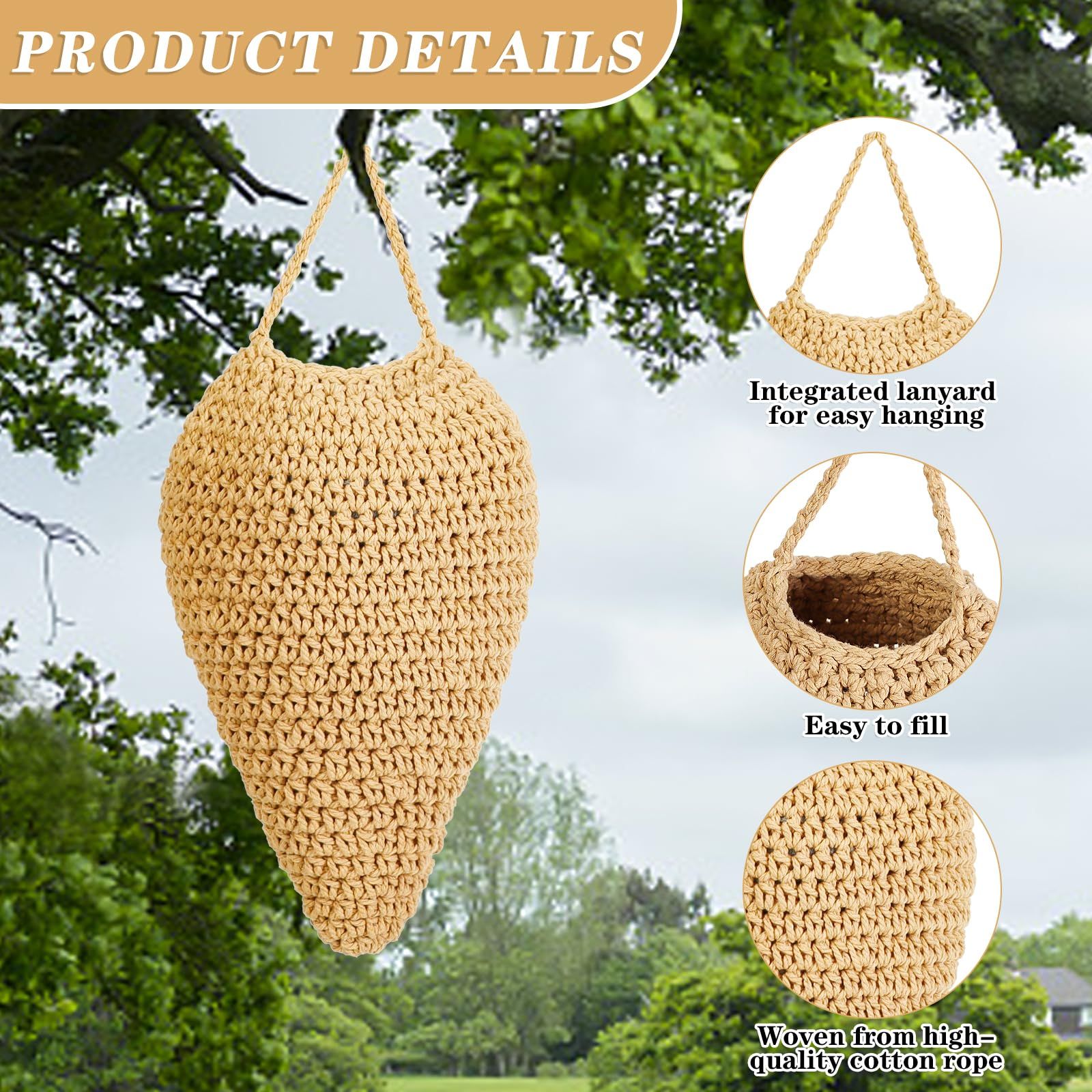 3pcsWoven Crochet Wasp Nest Decoy, Waterproof Faux Hanging Wasp Hornets Hive Nests Artificial Fake Wasp Nest Decoy Decoration for Patio Eaves Yard Home Large caramel color