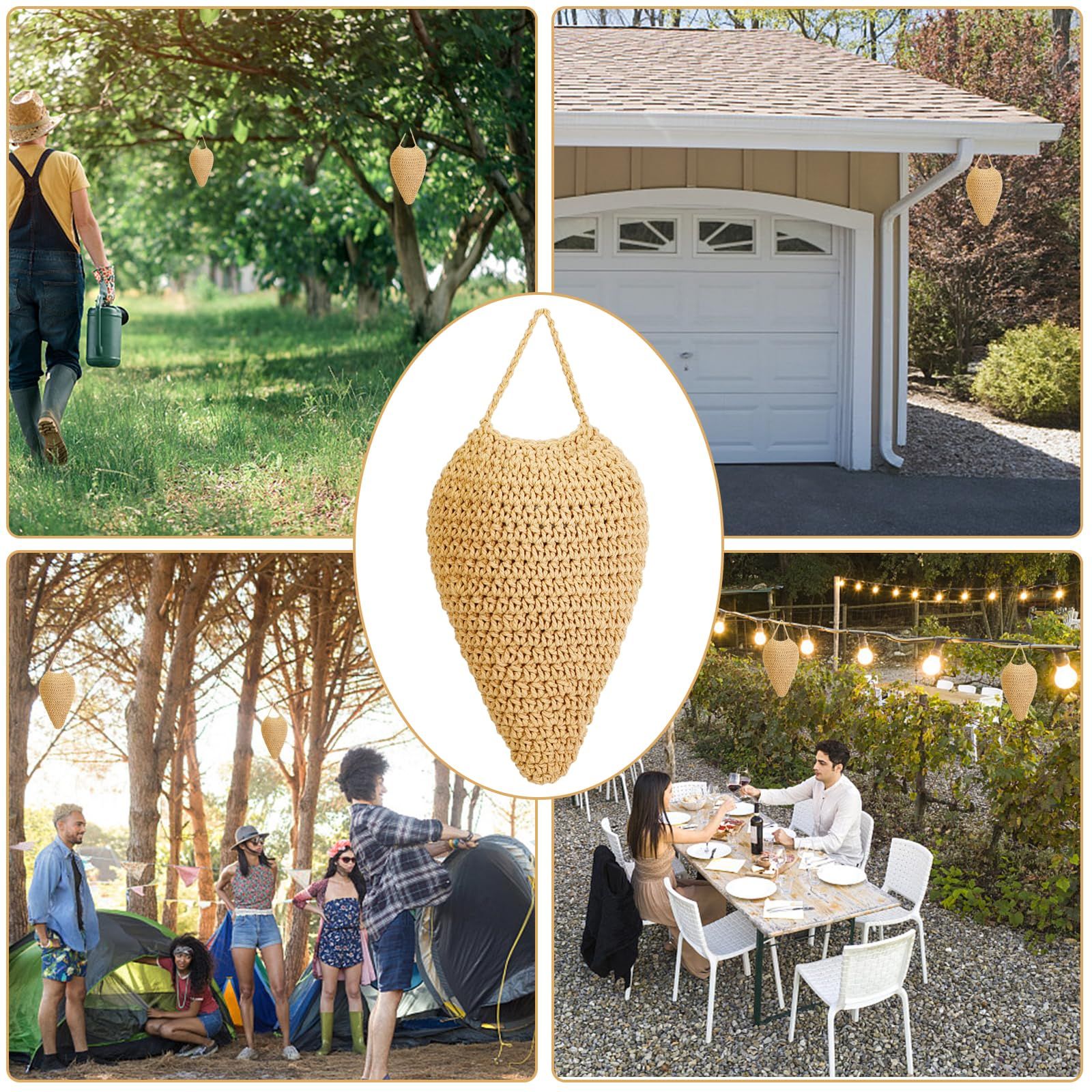 3pcsWoven Crochet Wasp Nest Decoy, Waterproof Faux Hanging Wasp Hornets Hive Nests Artificial Fake Wasp Nest Decoy Decoration for Patio Eaves Yard Home Large caramel color