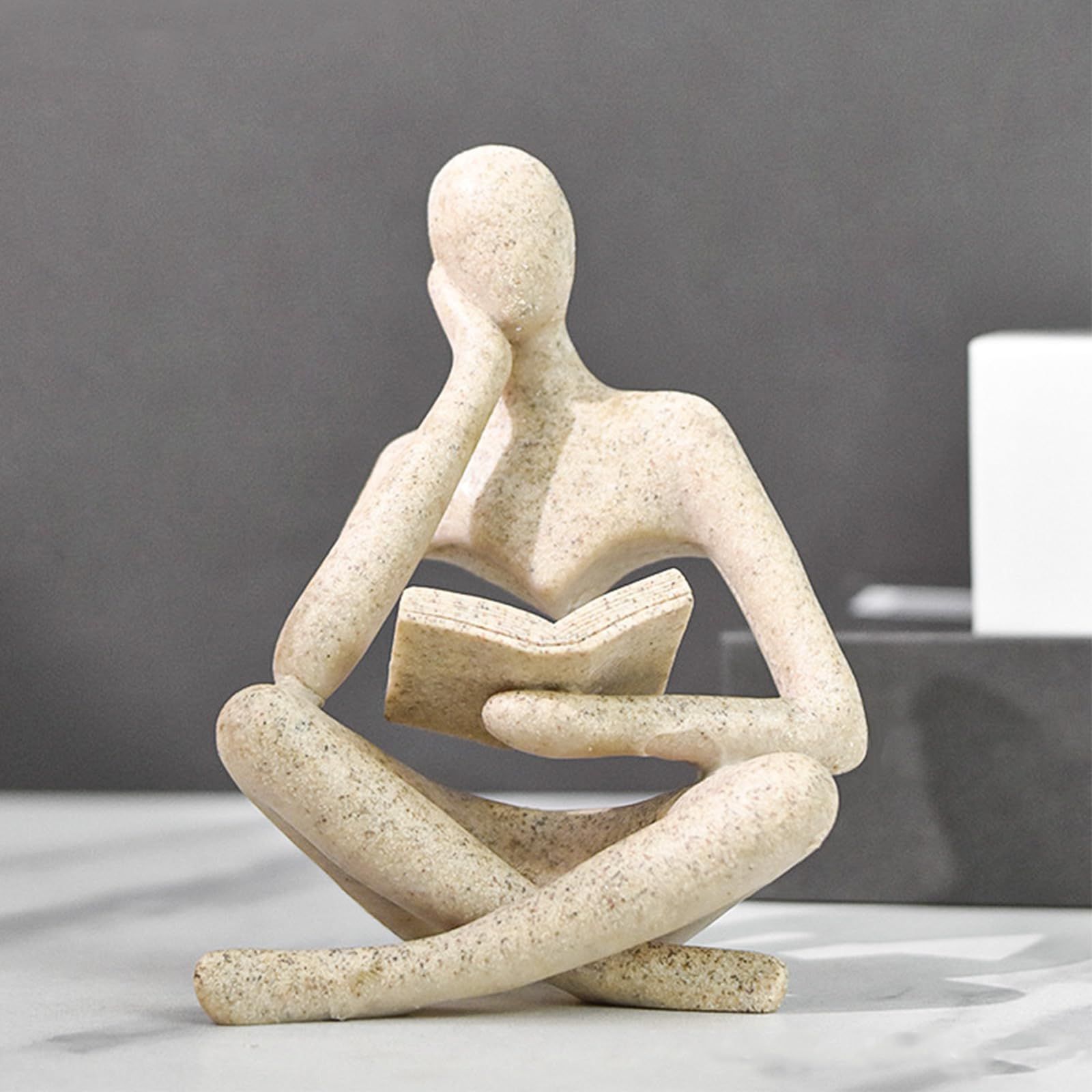 Bookshelf Decor Thinker Statue - Abstract Art Reading Thinker Sculpture Figurine Aesthetic, Modern Home Decoration for Living Room Office Shelves Coffee Table Desk Decor(Beige)8.5*6*11.5cm