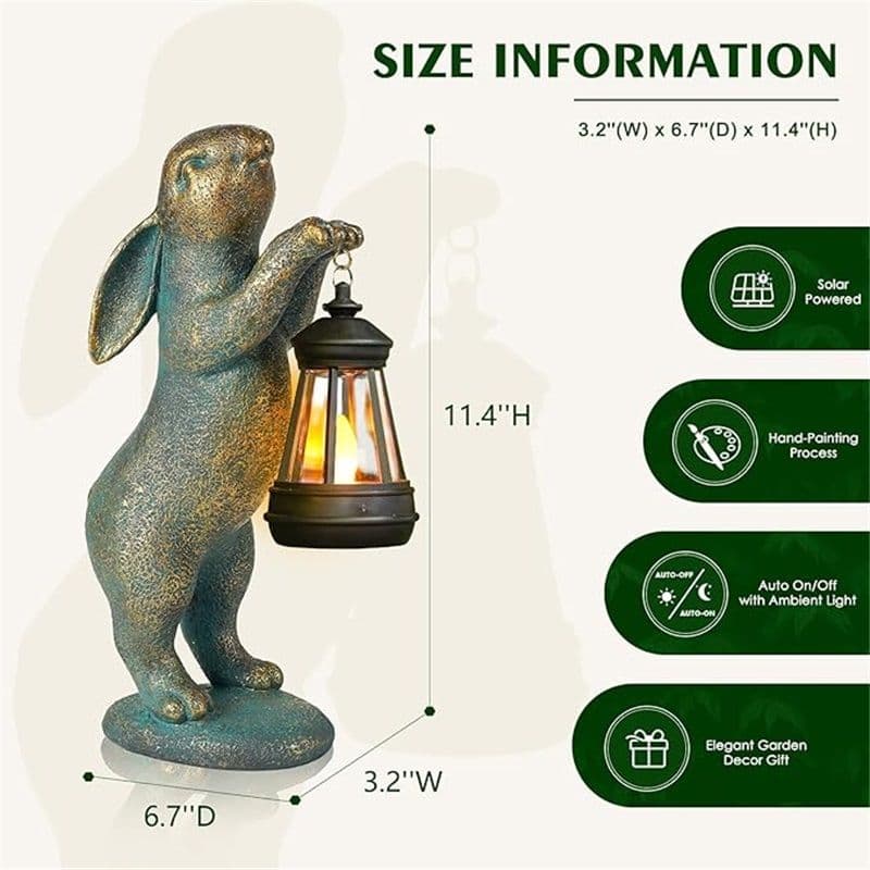 Garden Statues Solar Rabbit with Lantern 3.2 x 6.7 x 11.4 Inches Bronze Outdoor Bunny Figurine for Patio Yard Lawn Decorations