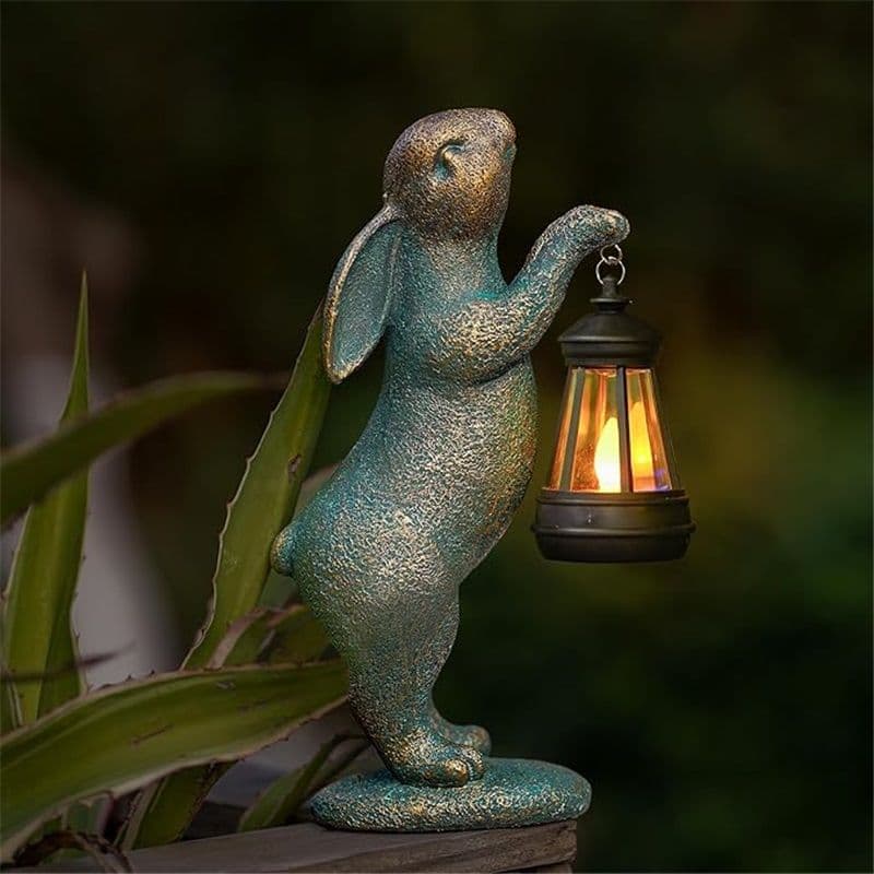 Garden Statues Solar Rabbit with Lantern 3.2 x 6.7 x 11.4 Inches Bronze Outdoor Bunny Figurine for Patio Yard Lawn Decorations