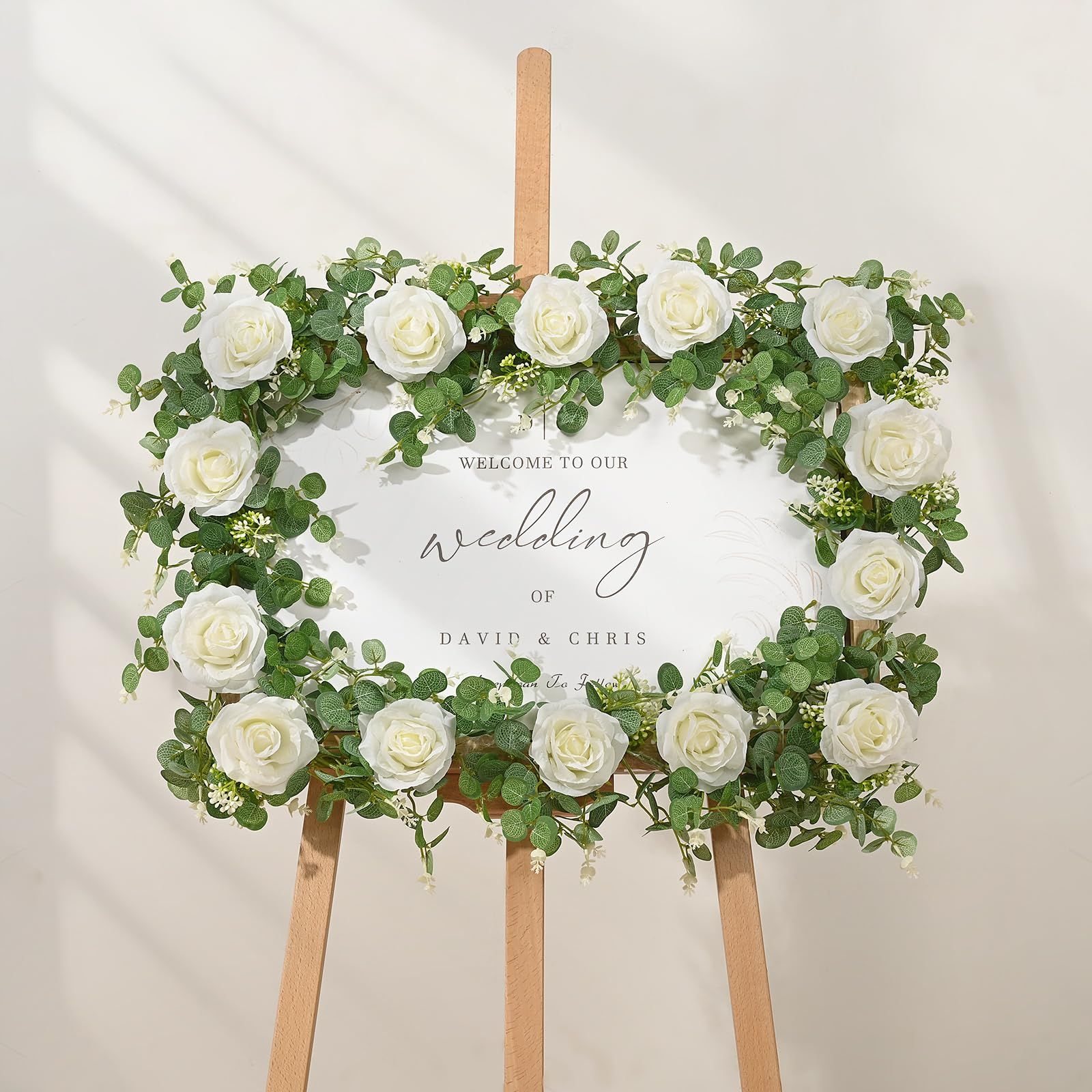 2 Packs 175cn Eucalyptus Garland with Flowers - 6White Roses, Artificial Flower Fake Rose Vine Faux Greenery for Wedding Backdrop Arch Table Wall Party Home Decor, Grey Green