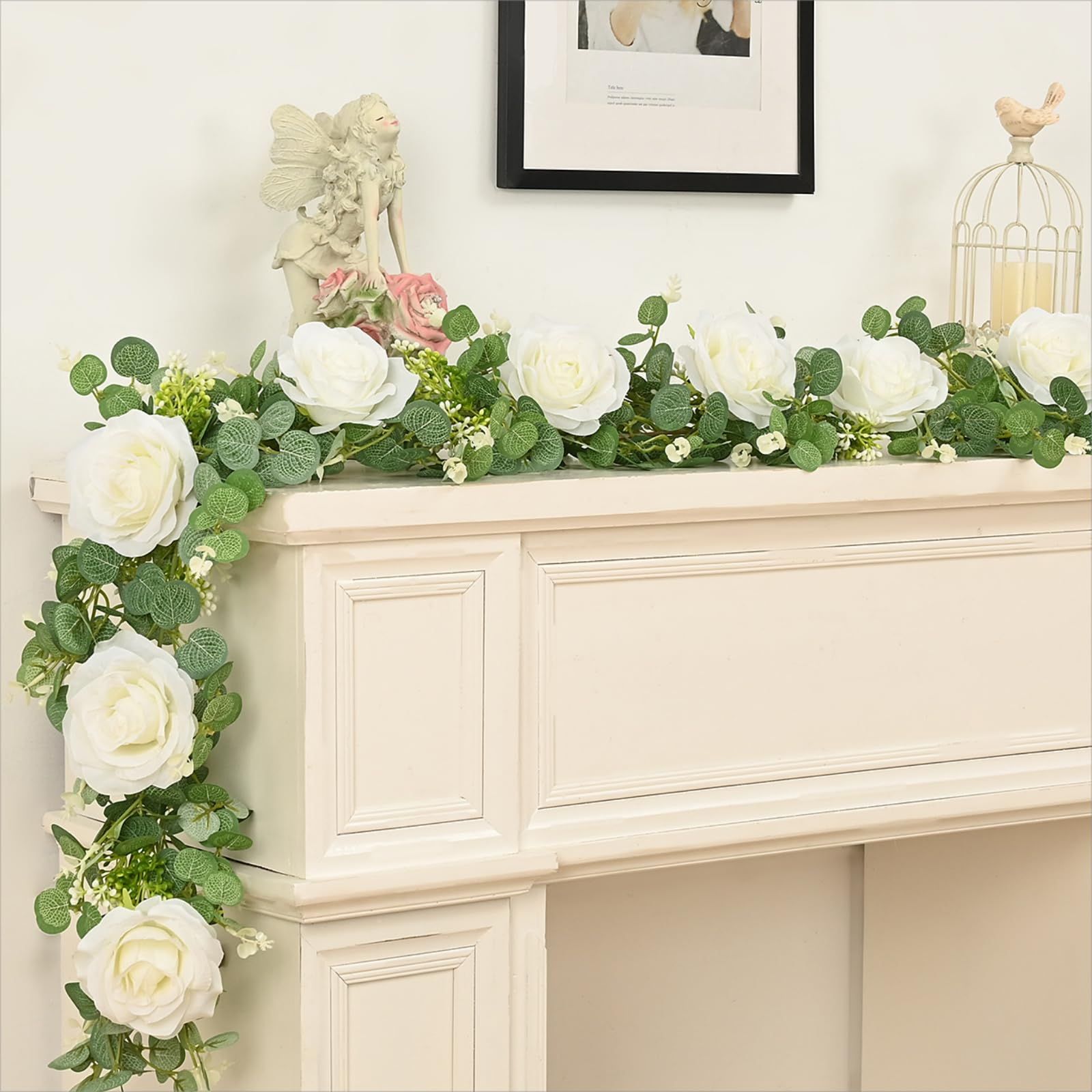 2 Packs 175cn Eucalyptus Garland with Flowers - 6White Roses, Artificial Flower Fake Rose Vine Faux Greenery for Wedding Backdrop Arch Table Wall Party Home Decor, Grey Green