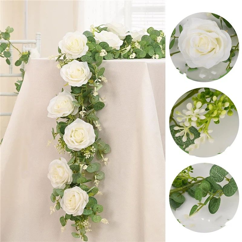 2 Packs 175cn Eucalyptus Garland with Flowers - 6White Roses, Artificial Flower Fake Rose Vine Faux Greenery for Wedding Backdrop Arch Table Wall Party Home Decor, Grey Green
