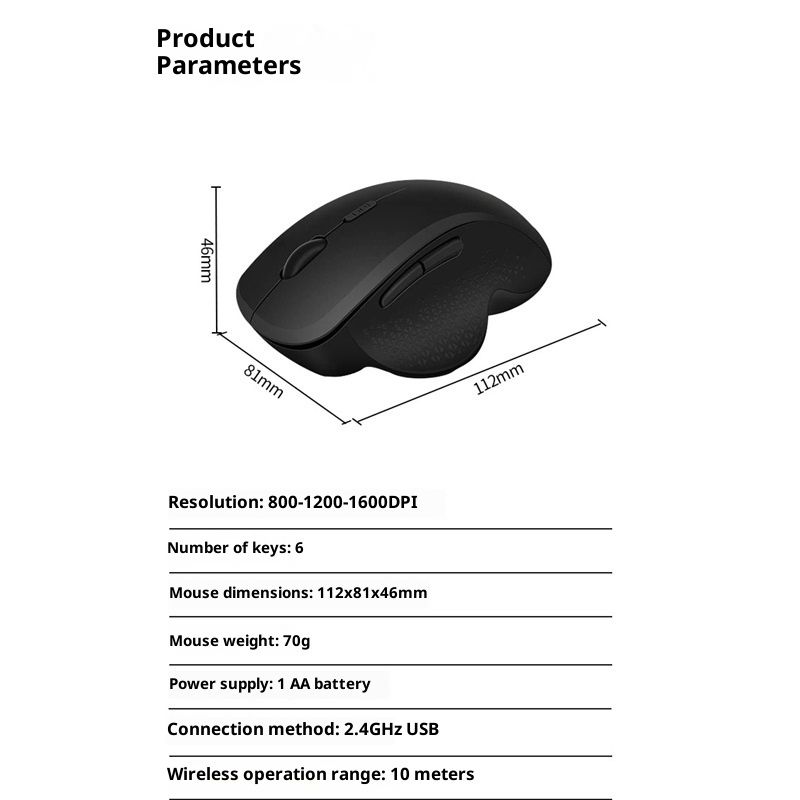 Wireless Mouse (2.4G) Silent 800-1200-1600 DPI Computer USB & Bluetooth Mouse 6 Buttons, Wide Compatibility - Black