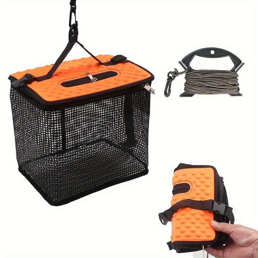 Floating Fish Basket for Live Caught, Foldable Fishing Holder Bucket Portable Collapsible Fishing Net Storage Cage for Live Fish Bait Live Well（28.45*22.1*24.89cm)