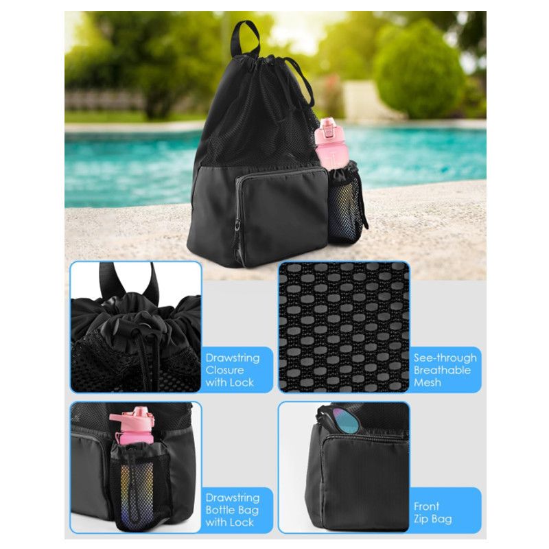 Swim Bag Beach Backpack with Wet Pocket Mesh Drawstring Bags for Swimming, Gym(Expand size 40 * 47cm,black)