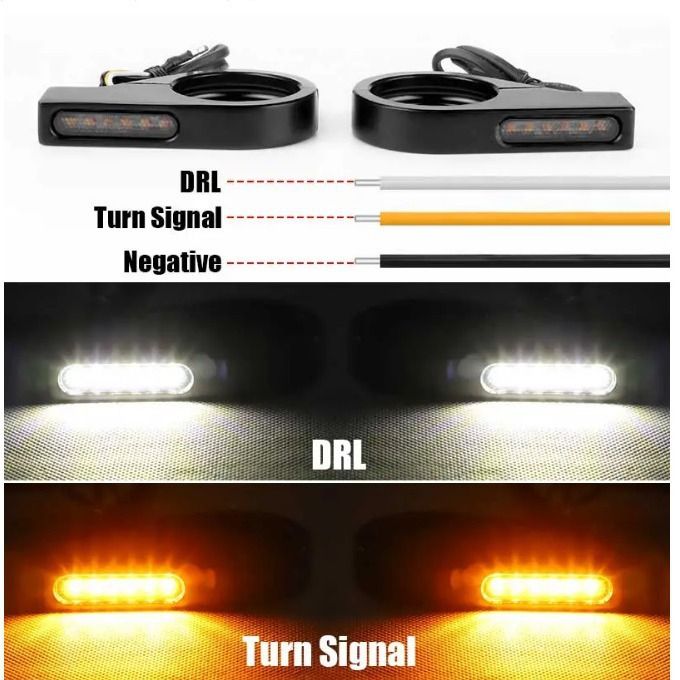 A pair Switchback Sequential Front Fork LED Turn Signals, Motorcycle Running Lights for 41mm Front Mount Fork Sportster